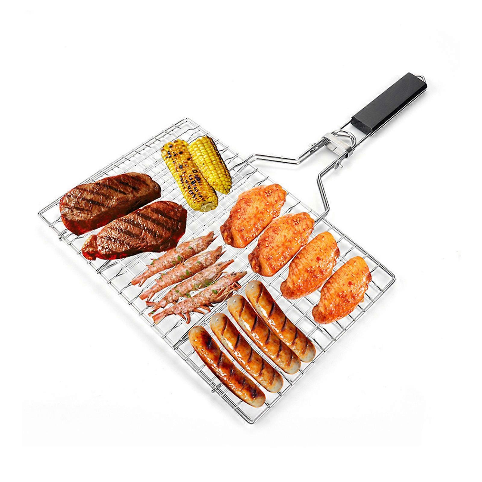 Large Folding Grilling Basket with Handle and Carry Bag, Stainless Steel Grill Basket for Fish Vegetables Shrimp BBQ Outdoor Grill