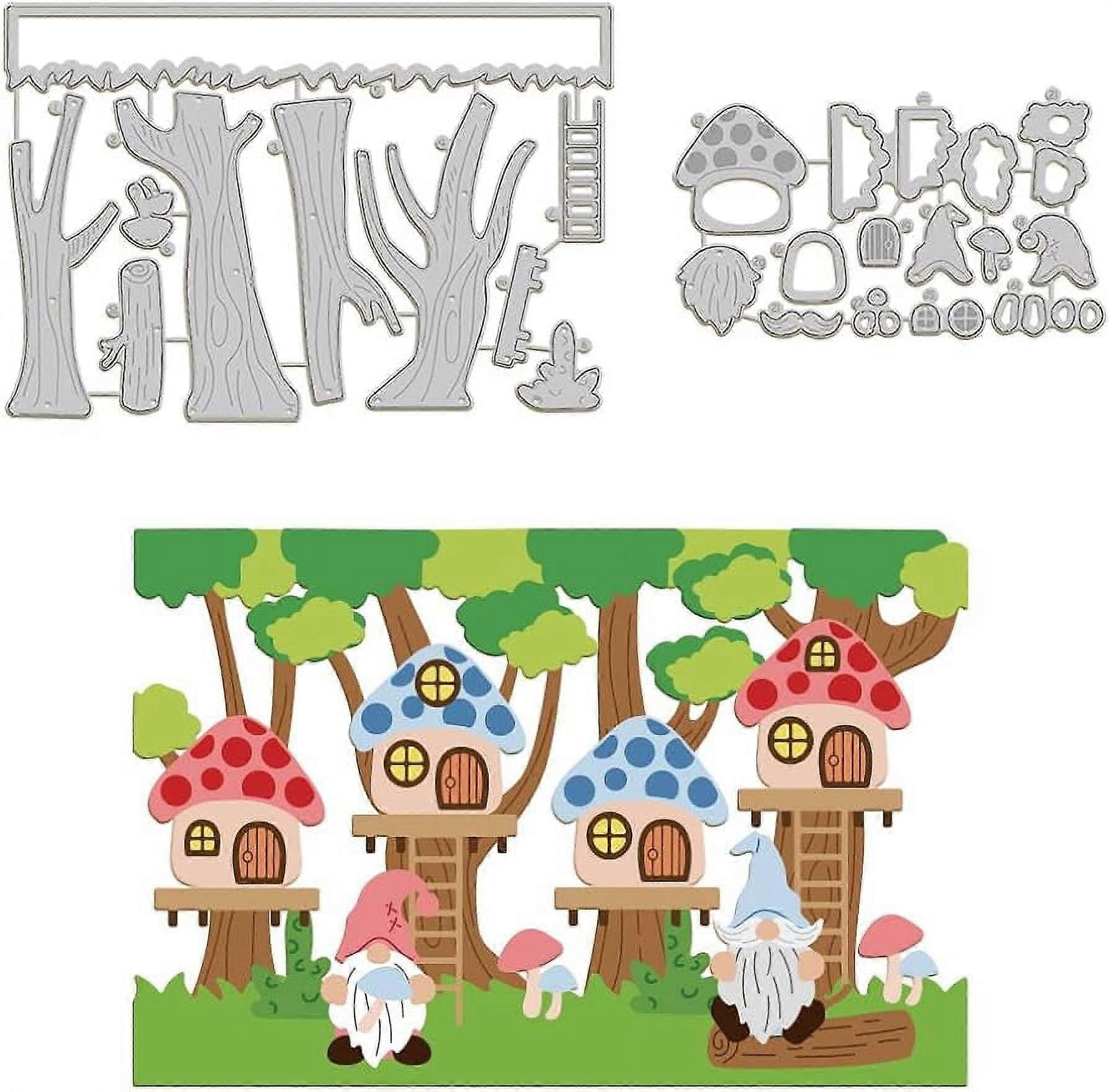 2Sets Gnomes Tree House Cutting Dies for Card Making Forest Dwarf Carbon Steel Embossing Stencils Template for Decorative Embossing Paper Card DIY Scr