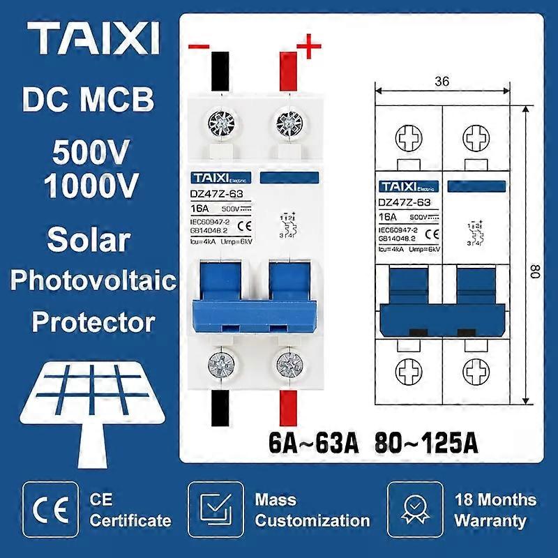 TAIXI aurinkoenergian aurinkosähköinen tasavirtakatkaisija PV-kytkin MCB DC250V 500V 1000V 16A 32A 40A 50A 63A ilmakytkin 100A 125A
