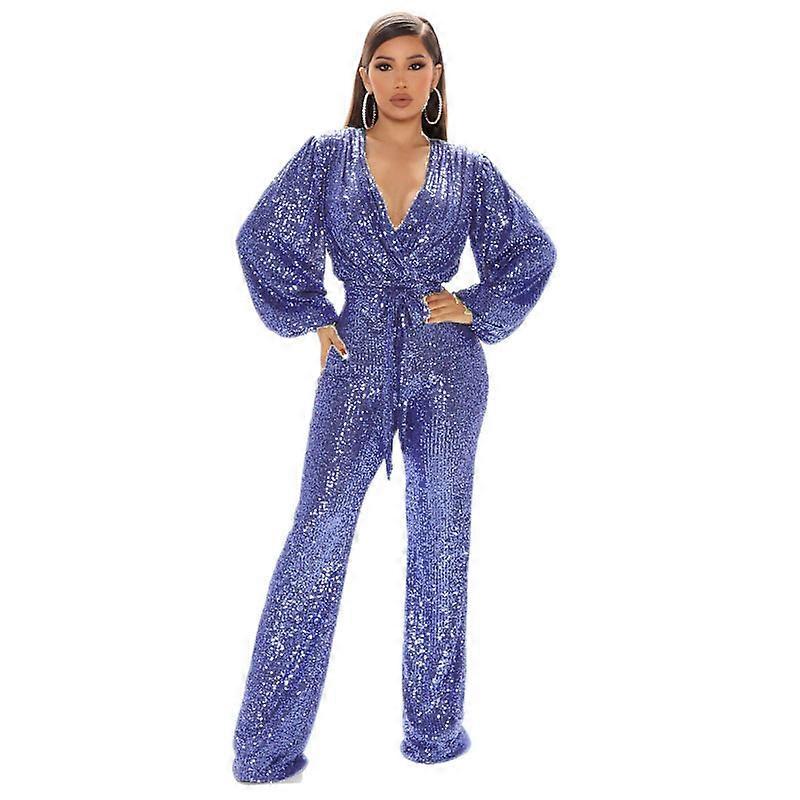 Women Casual Sexy V Neck Sparkly Jumpsuits