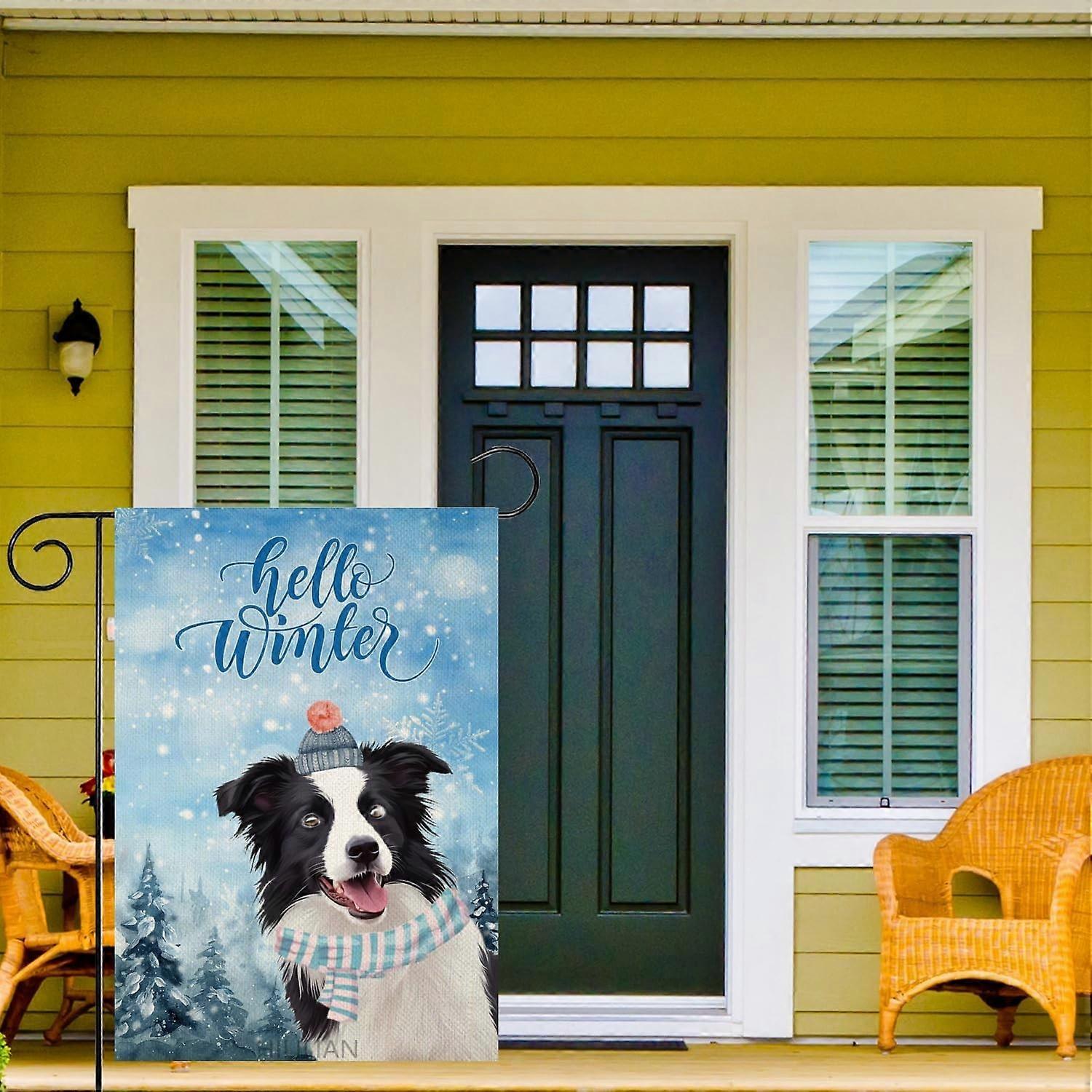 Ciao inverno Border Collie Garden Flag 28x40 pollici doppia faccia, cane con sciarpa cappello piccolo cortile Decora