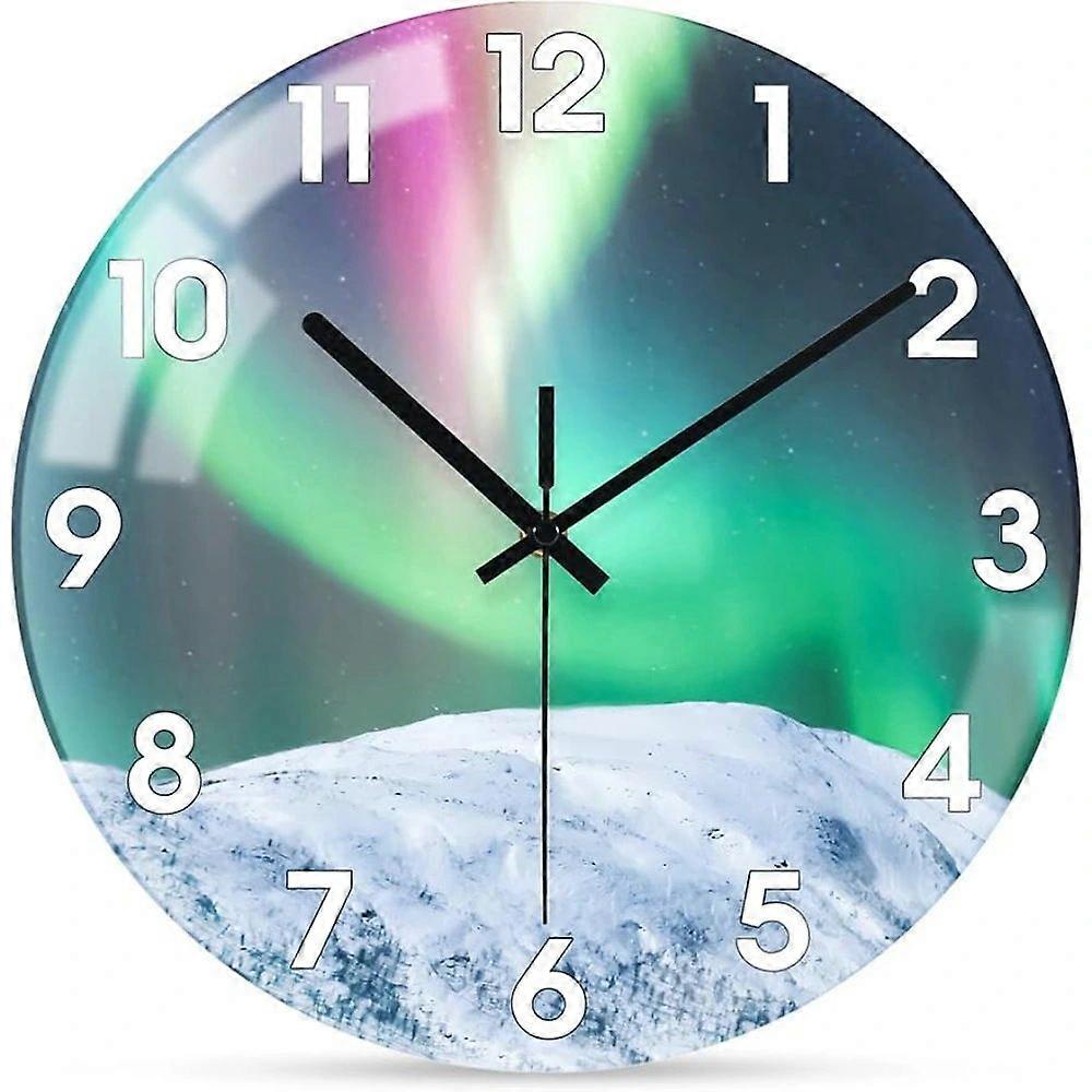 Glass Wall Clock Silent Non Ticking Wall Clock- 12 Inch Quality Quartz Battery Operated Round Clock for Home Office Aurora