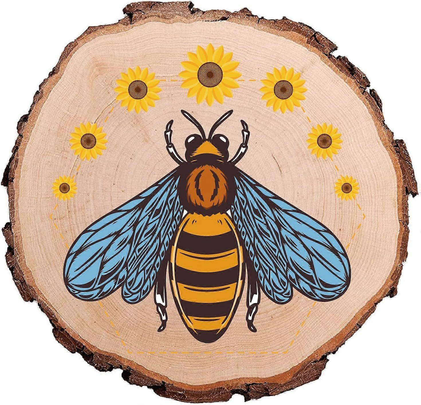 Bees Sunflower Printed Natural Round Wood Slices 4.3 Inch Circular Rustic Wooden Undrilled Pieces Tree Trunk Discs Log Coaster Art Decor Holiday Ornam