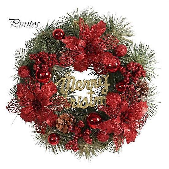 Merry Christmas Wreath with Letter Sign Glitter Flower Ball Pine Cone Reusable Holiday Indoor Outdoor Window Front Door Wall Hanging Artificial