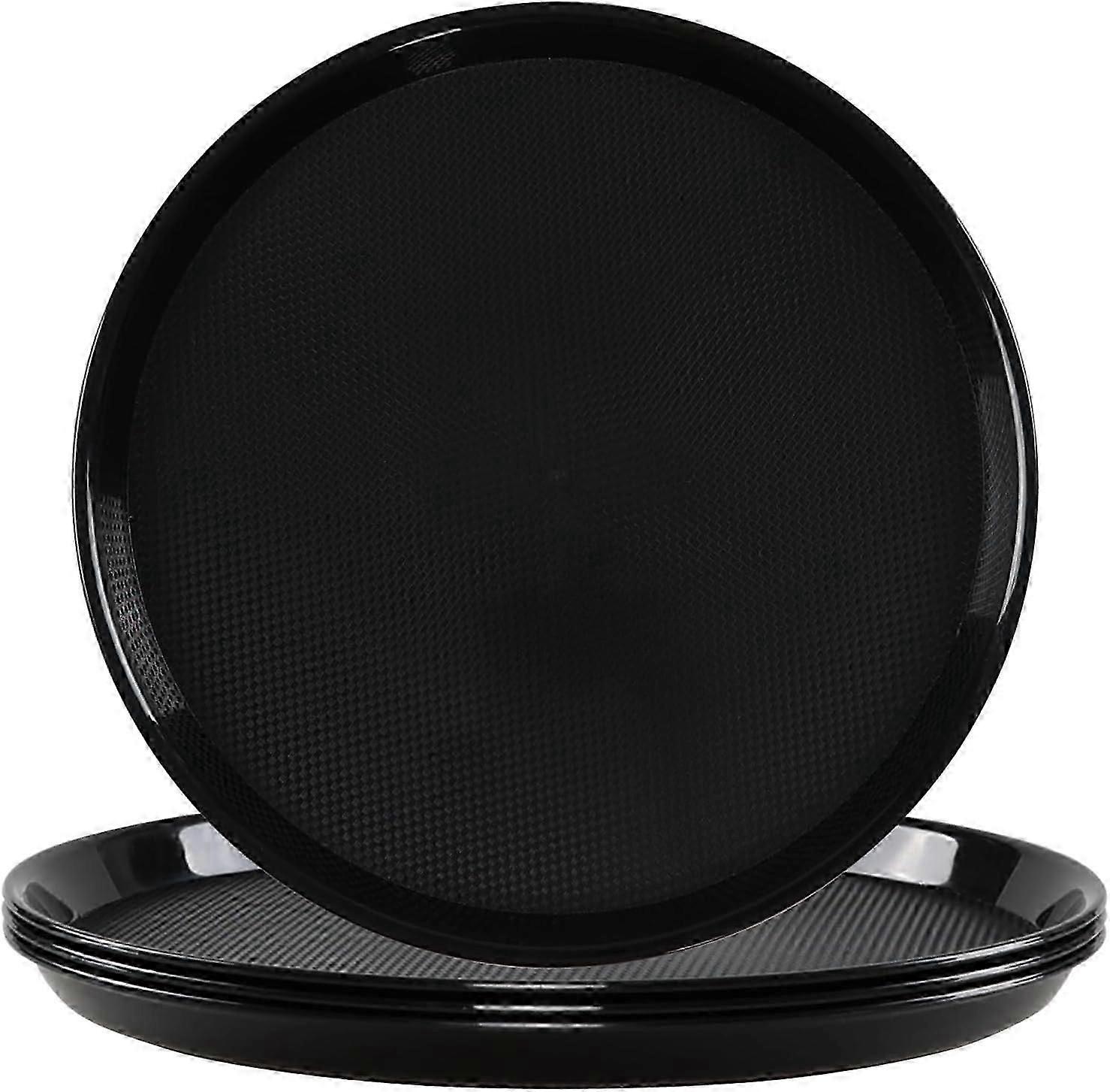 4-Pack Plastic Round Restaurant Serving Trays, Round Non Slip Bar Serving Tray, Black -X