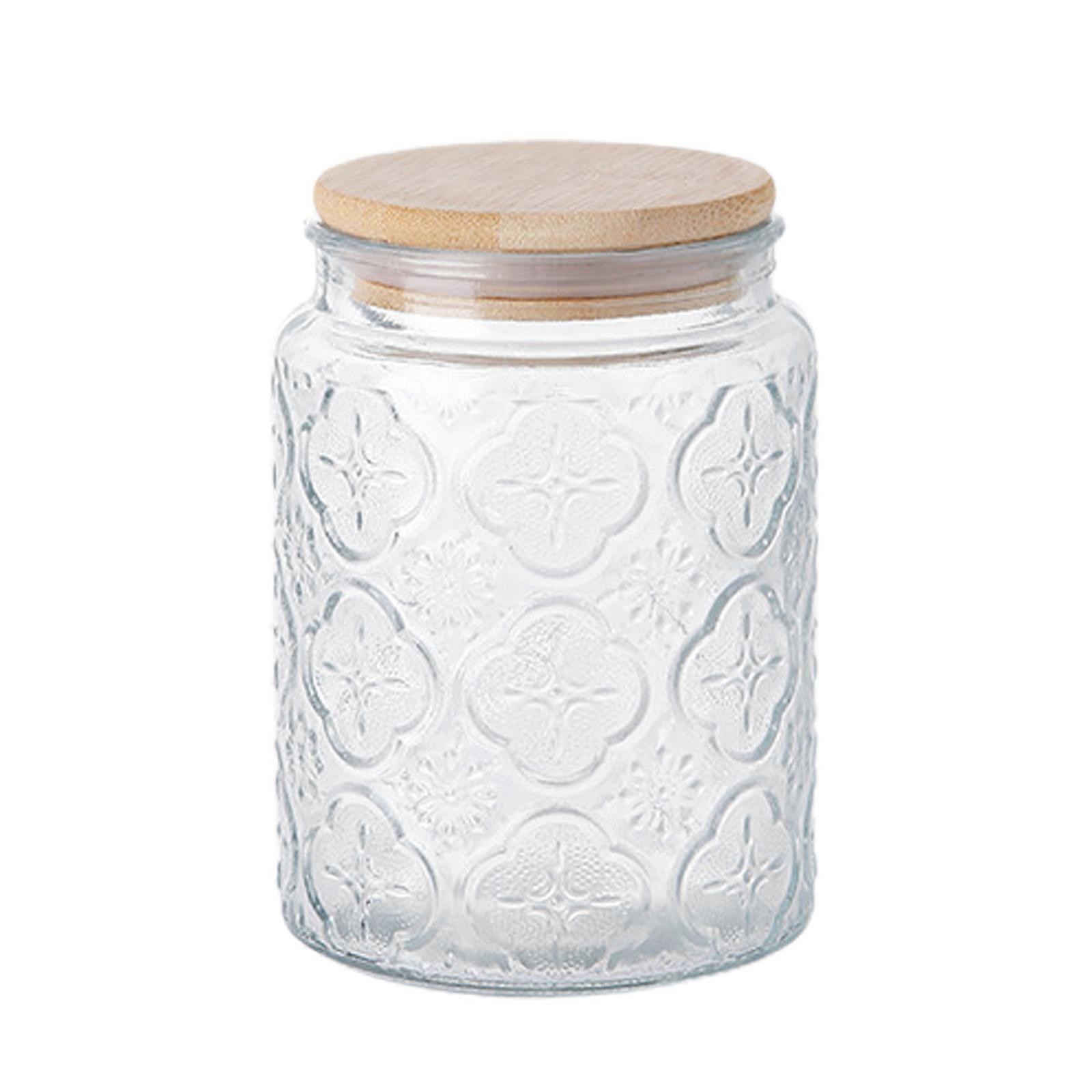 Glass Storage Jars, Retro Embossed Design Jars Airtight Canisters with Seal Wooden Lid for Kitchen Counter