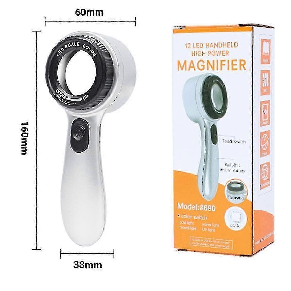 Lighted Magnifier, 30X Handheld Lighted Magnifier, Rechargeable USB Magnifier for Seniors, Reading, Exploration