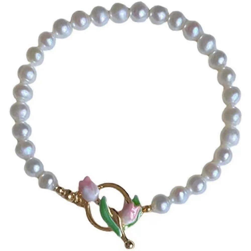Elegant Tulip Pearl Bracelets for Women, Vintage Flower Design Bangles with OT Buckle Wristbands, Adjustable Size, Classic Style