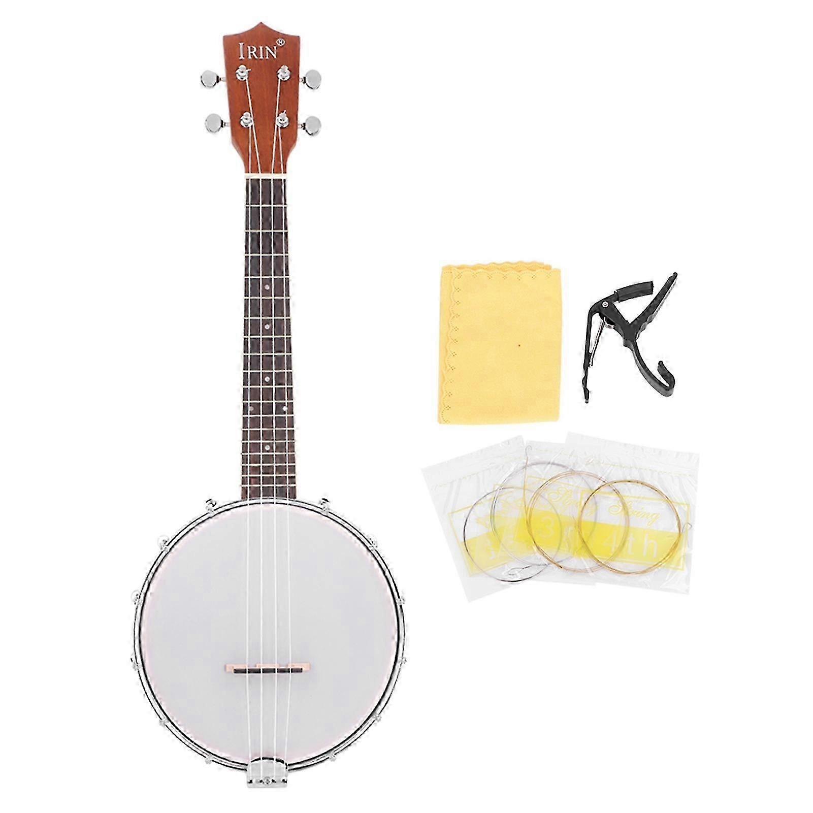 4 String Banjo Set With Bj10 Strings Capo Cleaning Polish Cloth