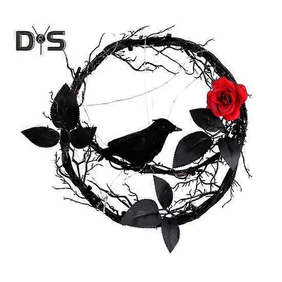 Halloween Wreath Decoration Glowing Dead Branches Black Crow Garland with Rose Battery Operated Glitter Decor for Home Door Wall