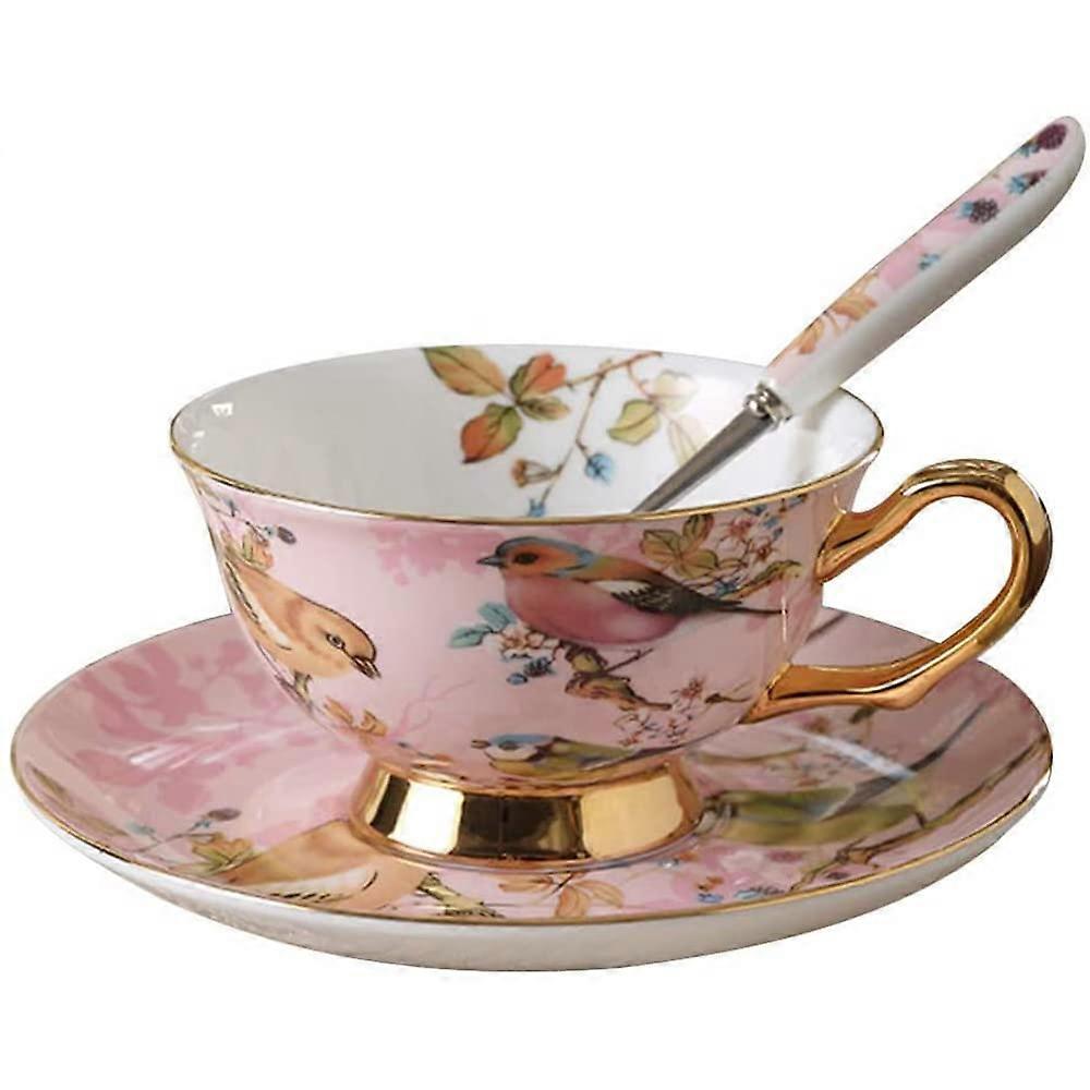 3 Pieces Cups & Saucers Sets Red Bird Patterned Bone China for Tea or Coffee
