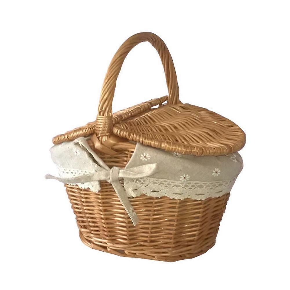 1pc Rattan Picnic Basket With Lid Fruit Storage Tool Home Outdoor Decoration Container Organizer 25*18*14cm
