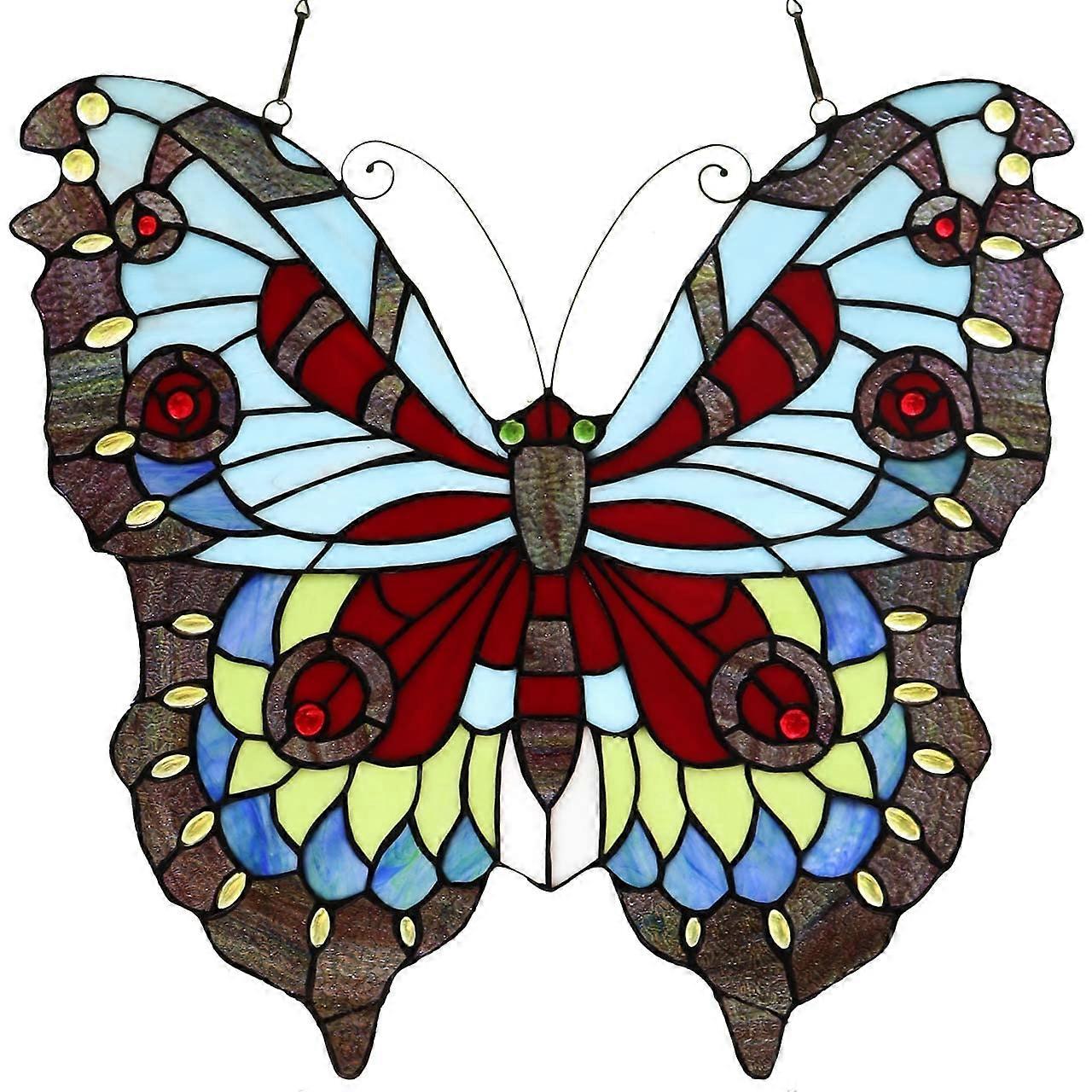 W10025 Butterfly Tiffany Style Stained Glass Window Panel 18" W x 17" H Multi-Colored Hanging with Chain