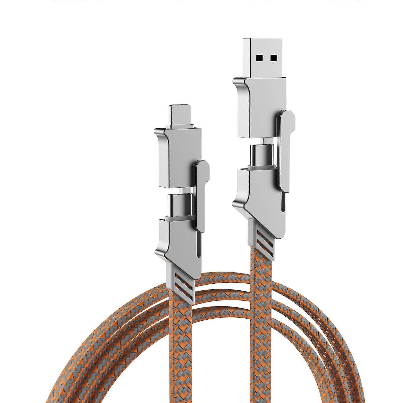 USB Cable Multi Charging Cord: 100W 4FT Orange Braided Flat Wire 6-in-1 with Type A C Micro Lightning Plugs – Fast Charging & Data Transfer