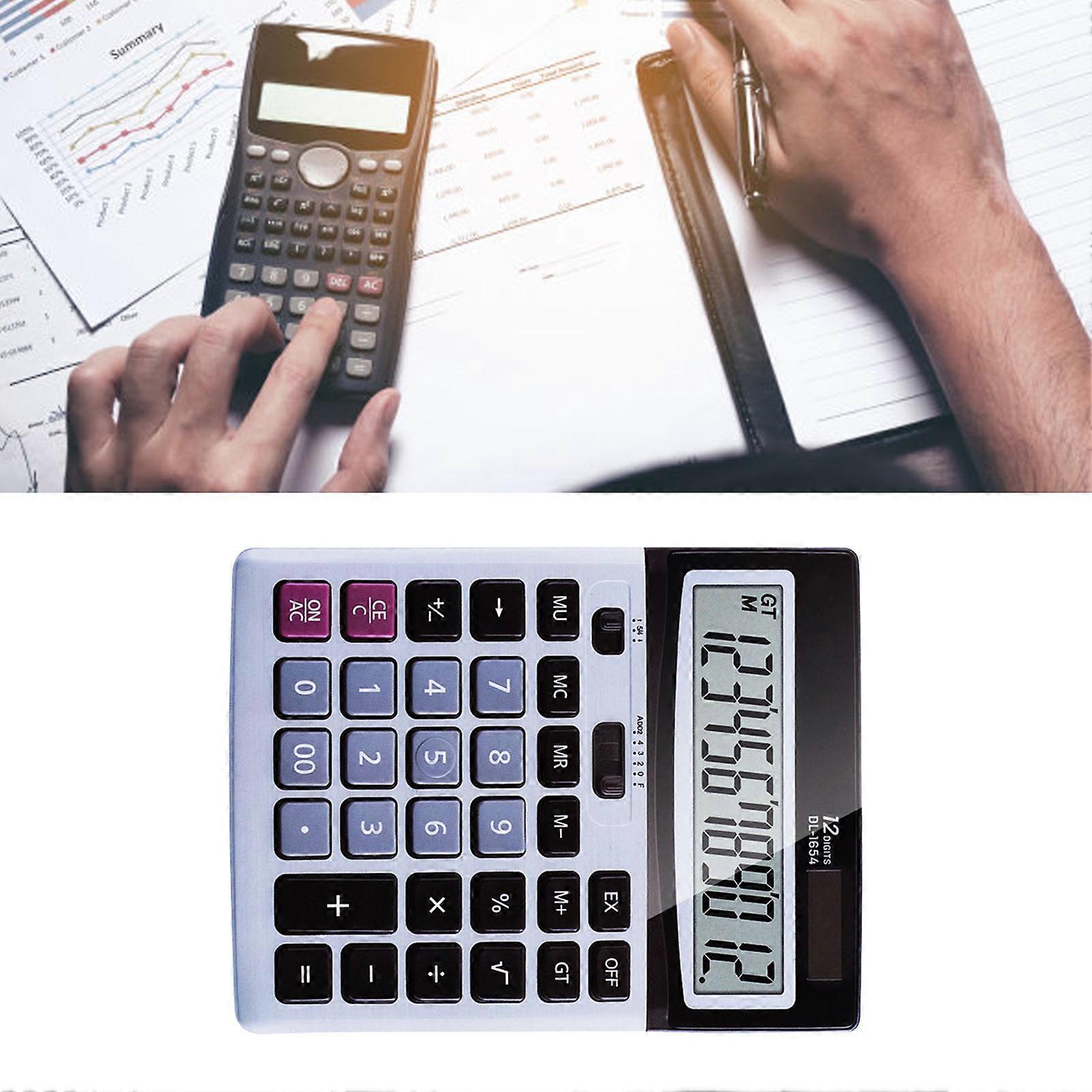 Dual Power Solar Desktop Calculator 12-Digit Large Silver Screen