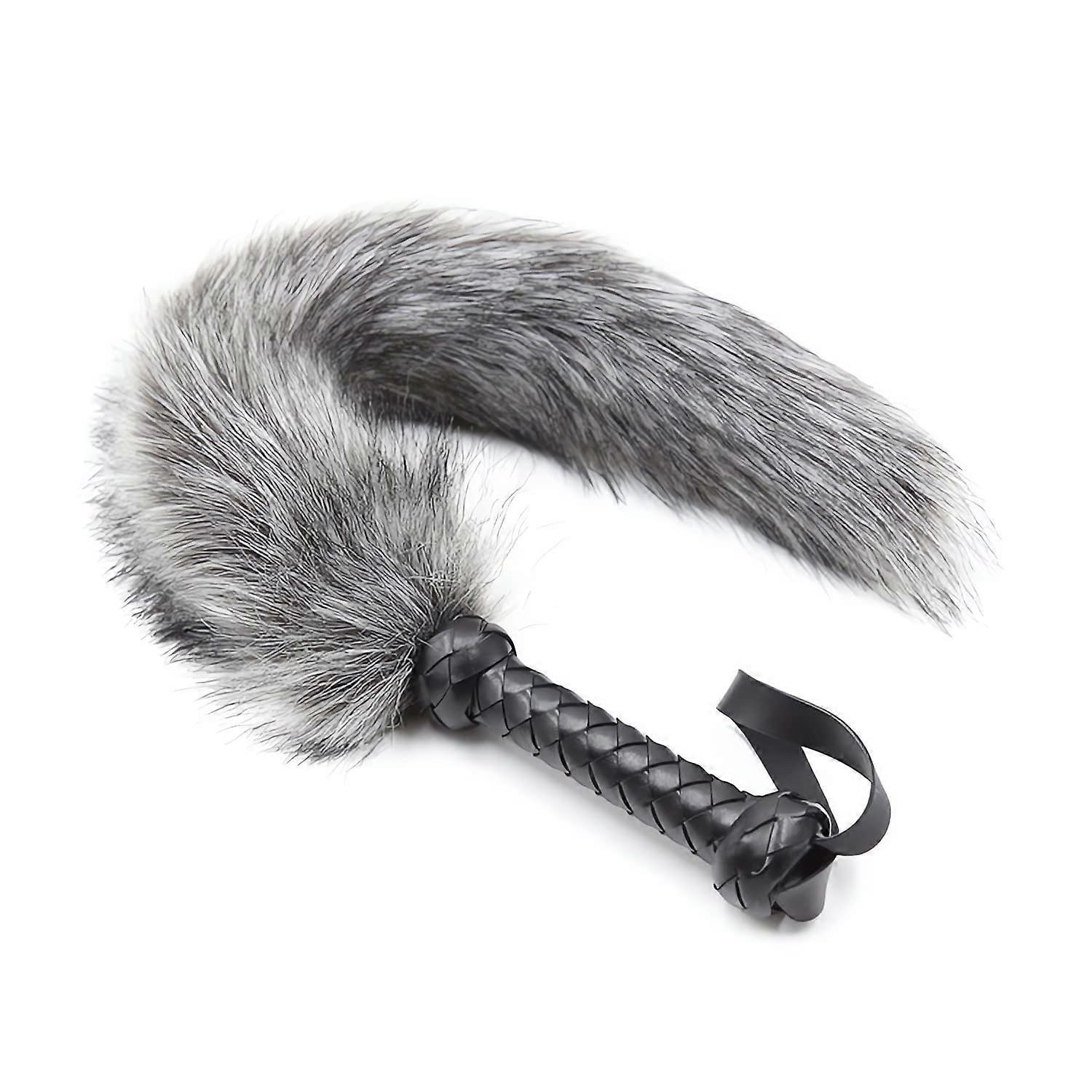 Soft Fur Whips with  Leather Handle and Fluffy Feather Tail, Flogger Crop for Unisex Grey