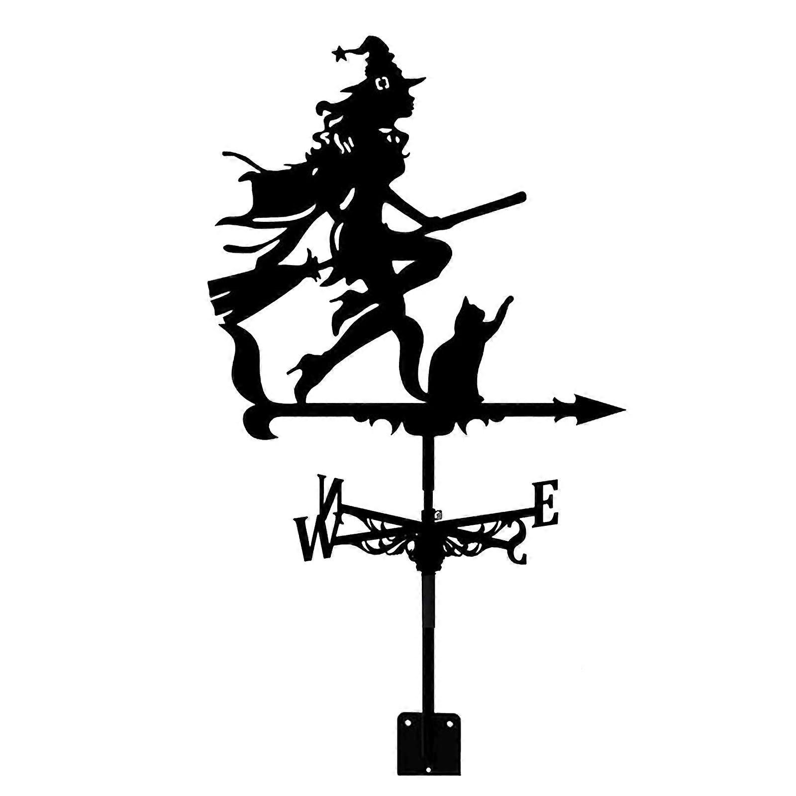 Weather vane with witch and cat pattern, metal with wind direction indicator