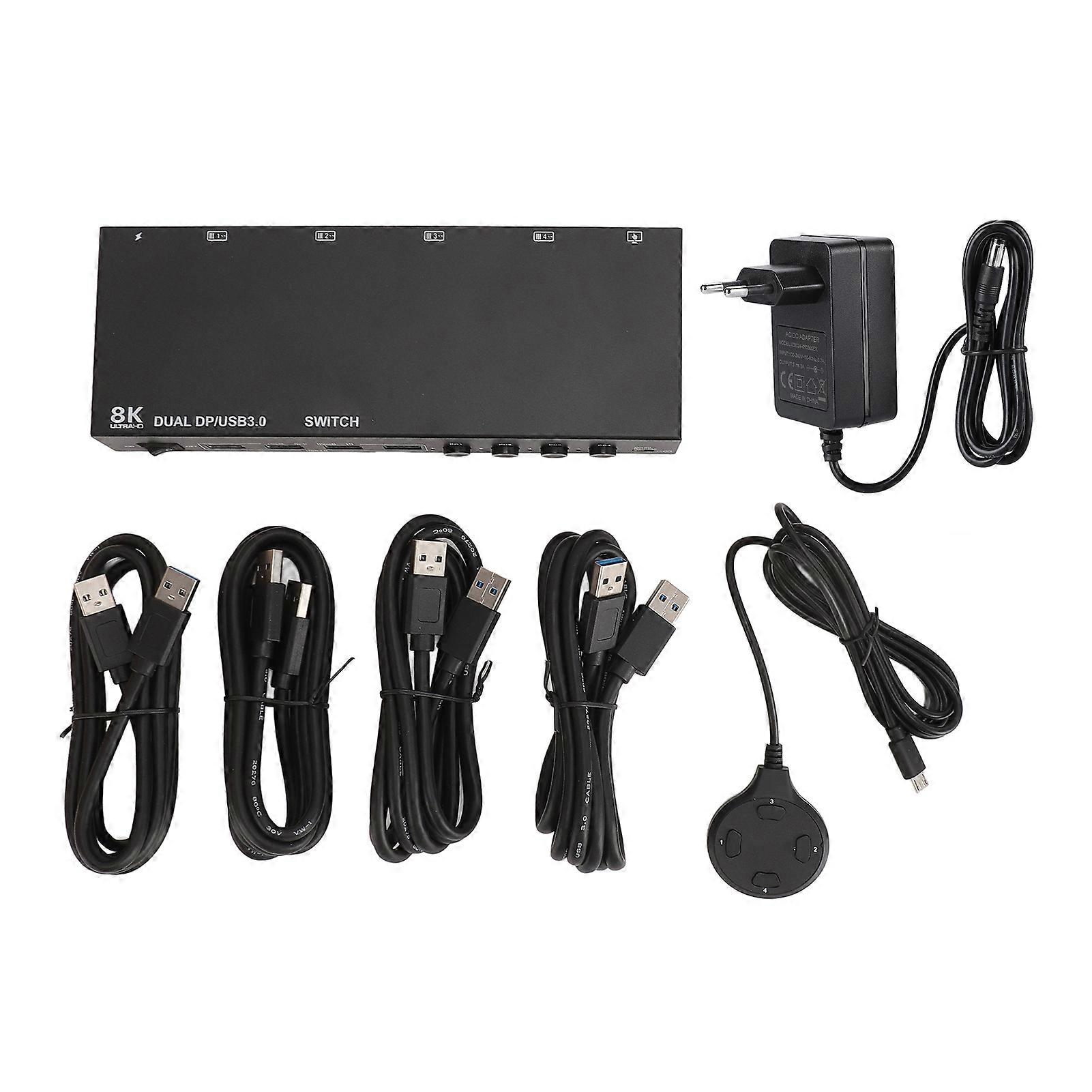 Dual DP KVM Switch 8K 30Hz 4K 144Hz USB 3.0 4 in 2 Out Display Switcher EU Plug
