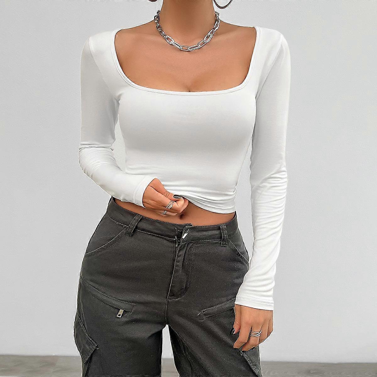 Spring and Summer Slim Solid Color Square Collar Long-sleeved Top