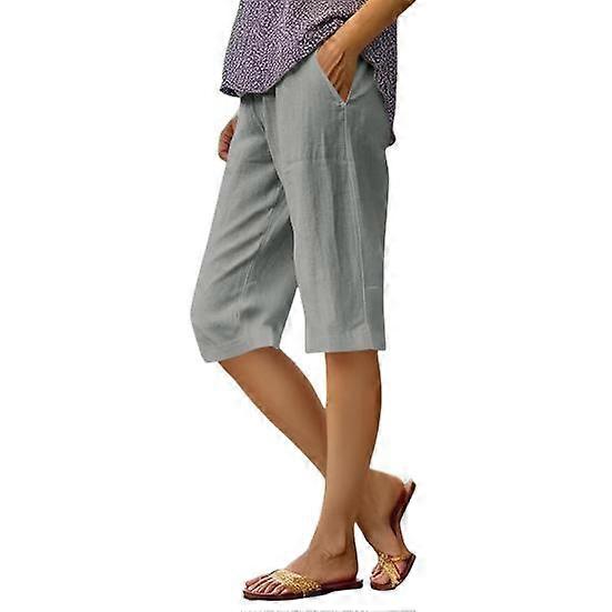 Women Shorts Elastic Waist Mid-rise Casual Shorts Solid Color Loose Fit Knee-length Pants with Pockets
