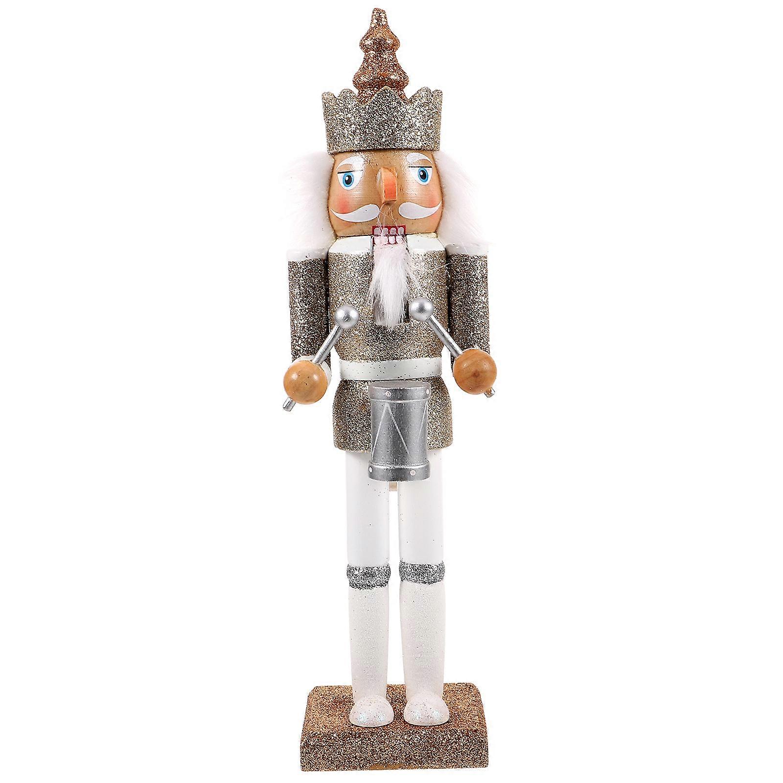 Platinum Nutcracker Ornament with Drum and Dome Hat – Classic Christmas Decoration Figure for Tabletop Display