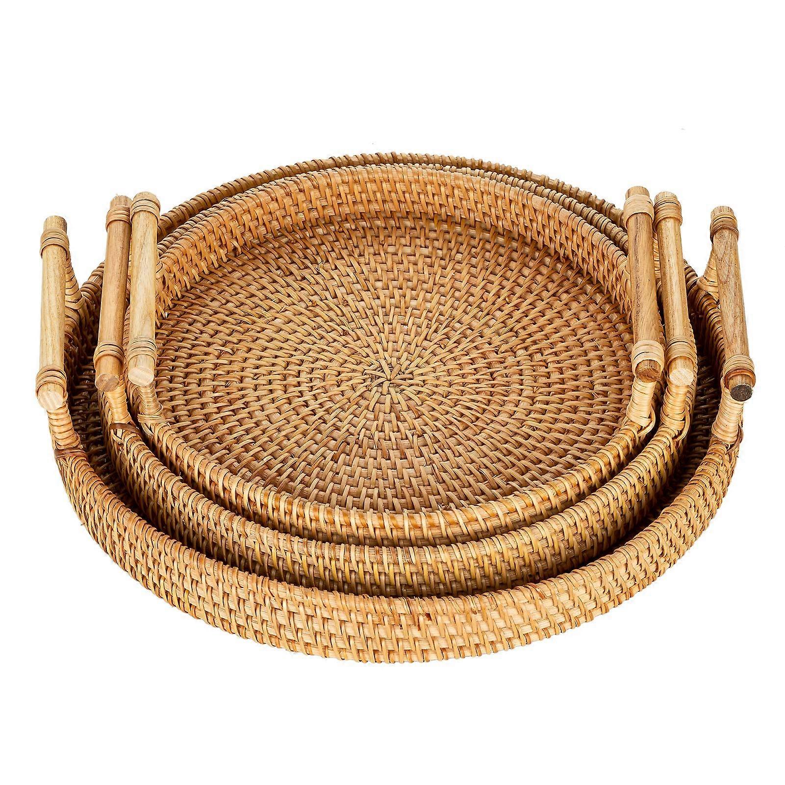 Rattan Serving Tray with Handles Set of 3, Hand Woven Wicker Trays for Breakfast, Drinks, Snacks, and Rustic Decor