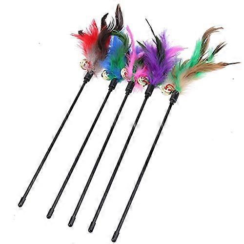 Cat Toy Feather Wand with Bell - 45 cm Short Wand for Kittens and Cats, Pack of 5, Interactive Hunting Stick