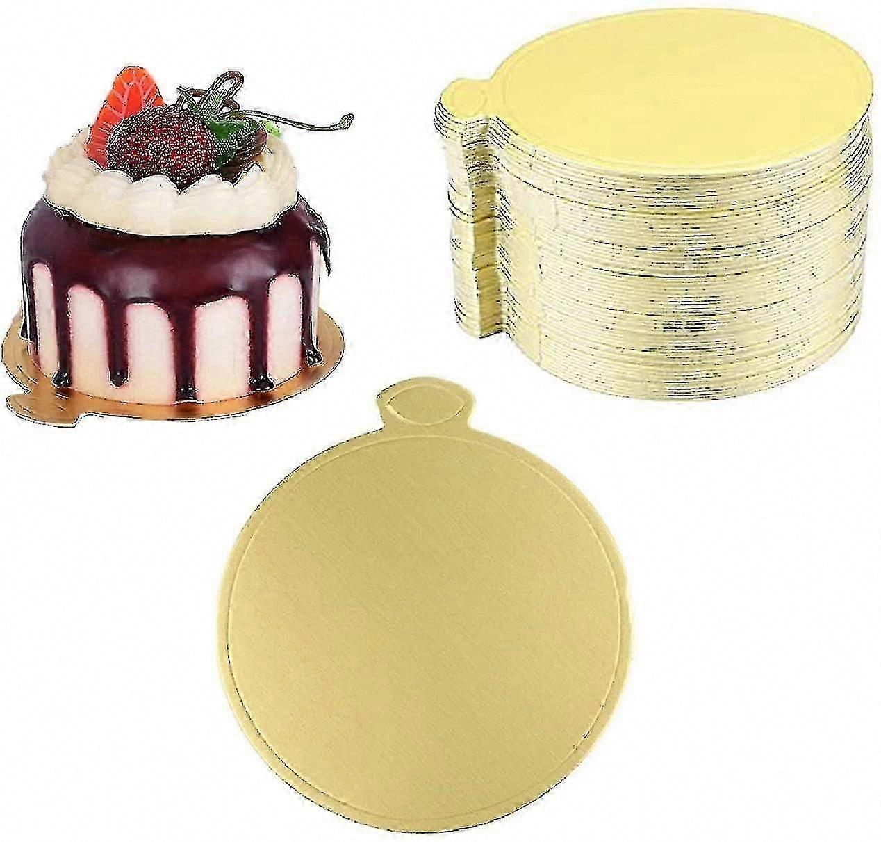 100 لوحة كعكة ذهبية مستديرة للموس والكب كيك - 100 قطعة قواعد صينية من الورق المقوى المزخرف للحلويات الصغيرة