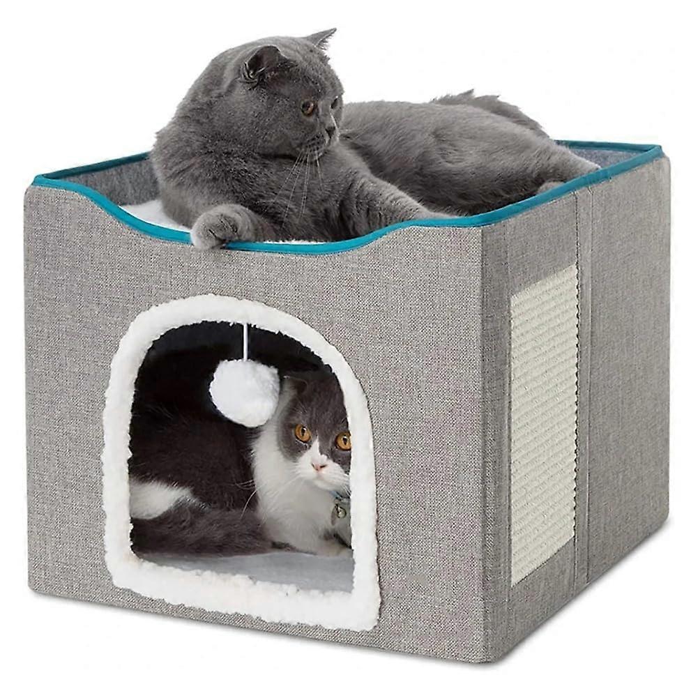 Large cat bed with hanging ball and scratching pad. Doublelayered, foldable cat bed for house cats that sleep all year round, gray.