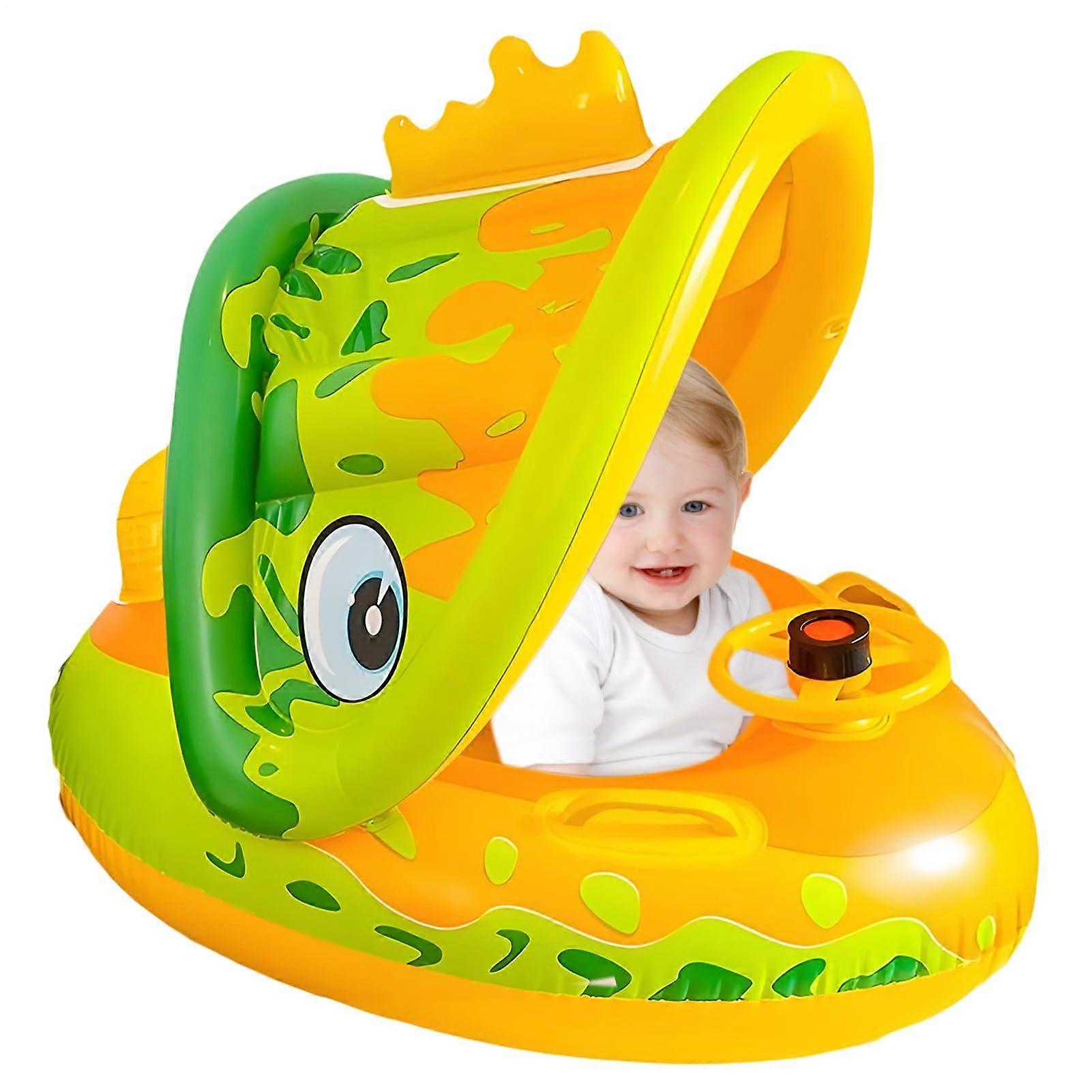 Baby Float with Sun Canopy, Inflatable Swim Ring and Steering Wheel, Pool Float Toy for Babies and Toddlers