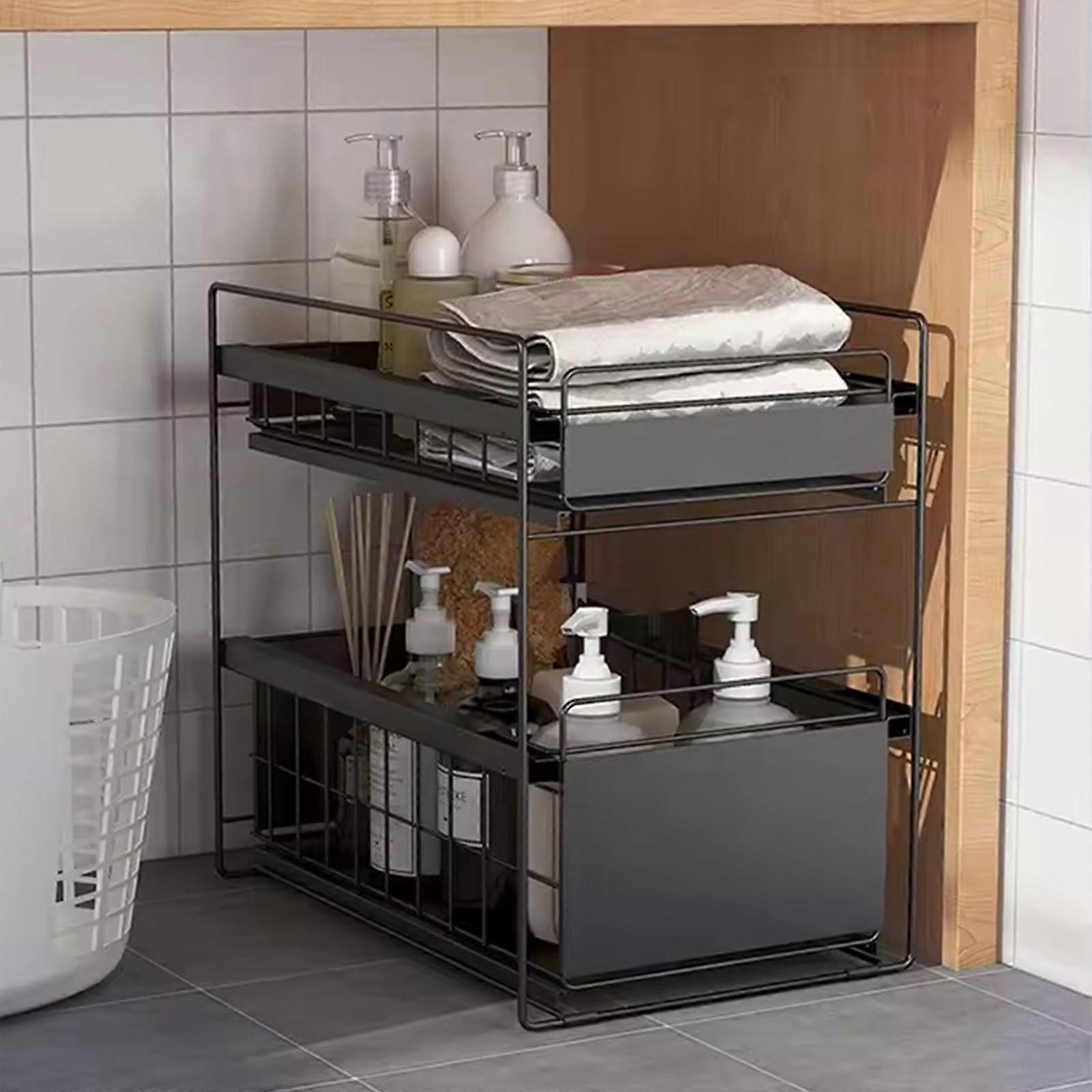 Expandable Kitchen Sink Rack 2-Tier Shelf, 27.7 x 40.5 x 39.5 cm, Black, Space-Saving Organizer for Kitchen Utensils