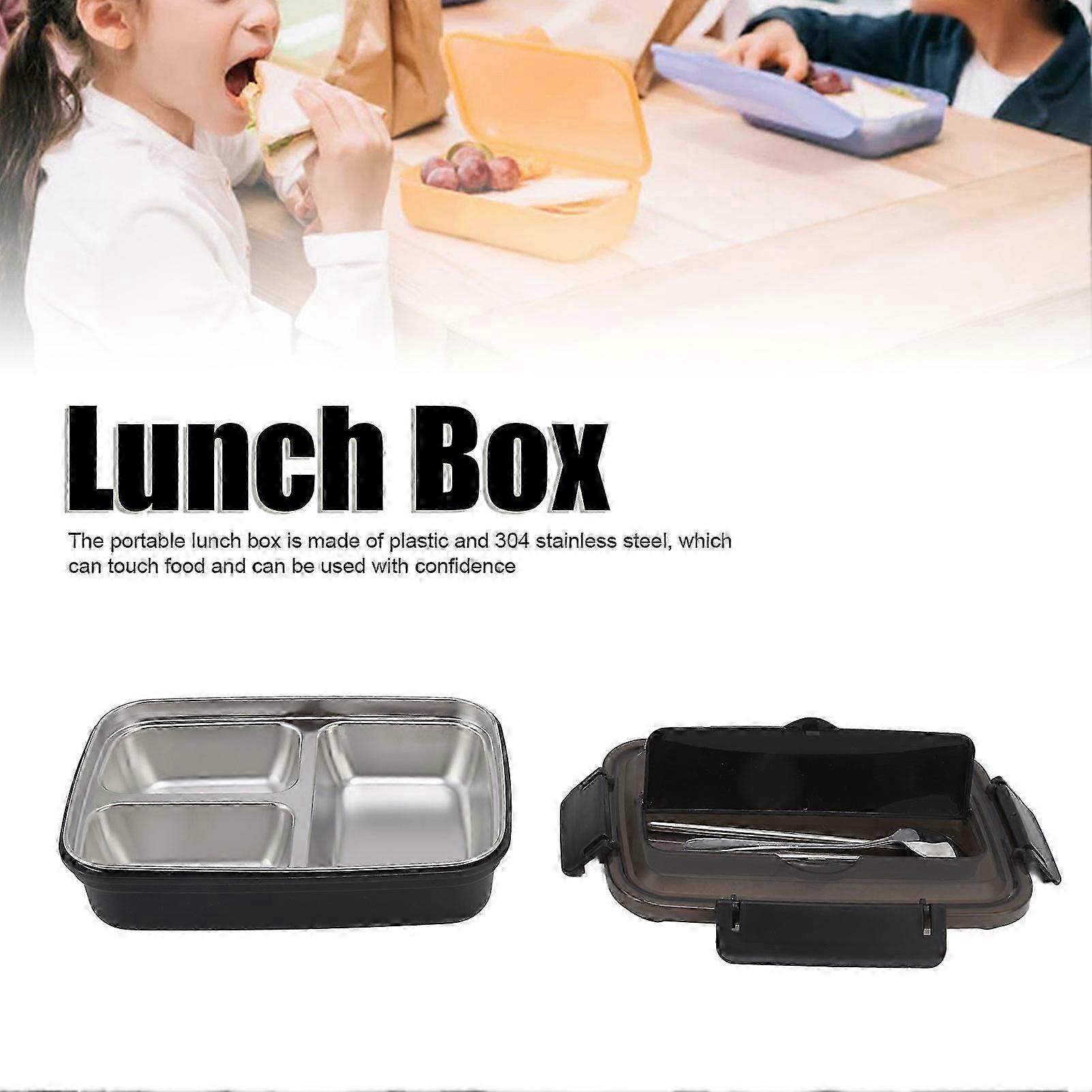 Black Insulated Bento Container with Three Sections, Complete with Dining Spoon and Chopsticks