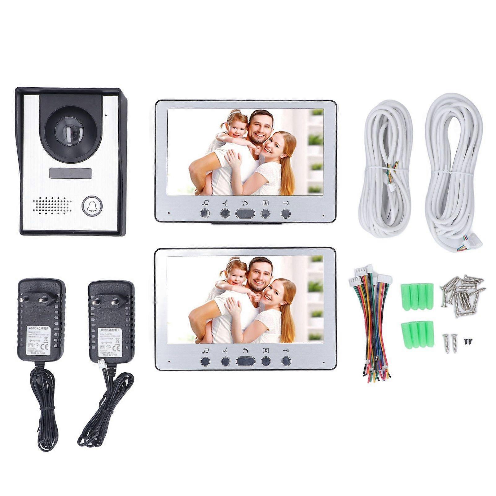 7in Video Doorbell Intercom Kit with 2 Display Waterproof Infrared Night Vision Remote Unlock Video Door Entry System EU Plug 100240V