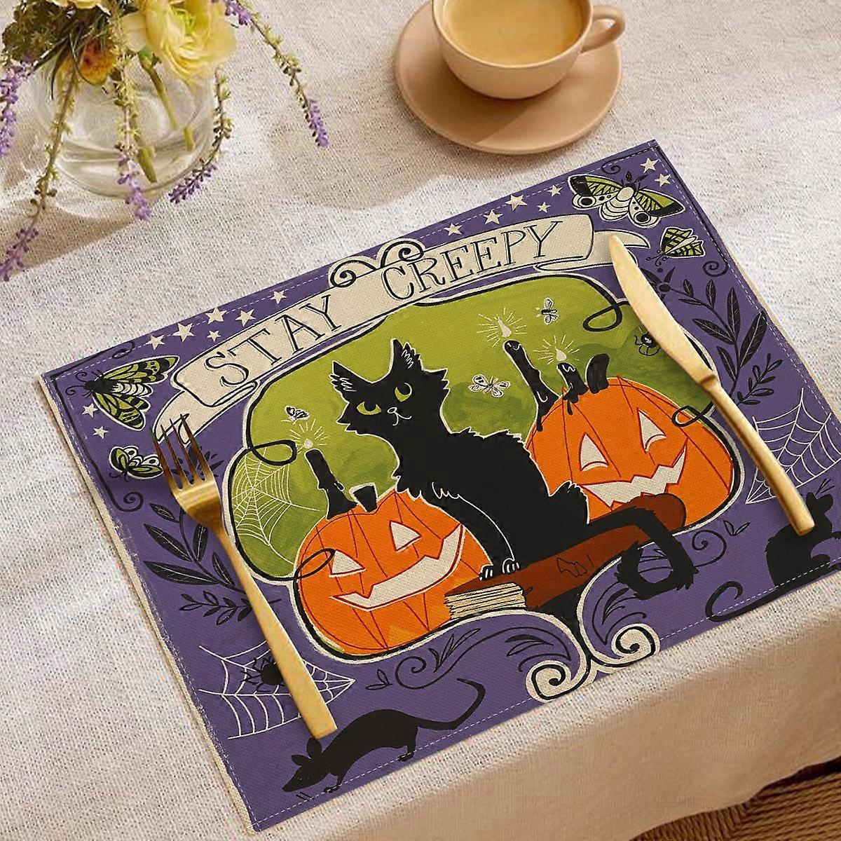 Janrevotw Halloween Linen Placemats Trick-Or-Treating Series Combination Table Mats Restaurant Holiday Decorative Tableware Insulated Mats