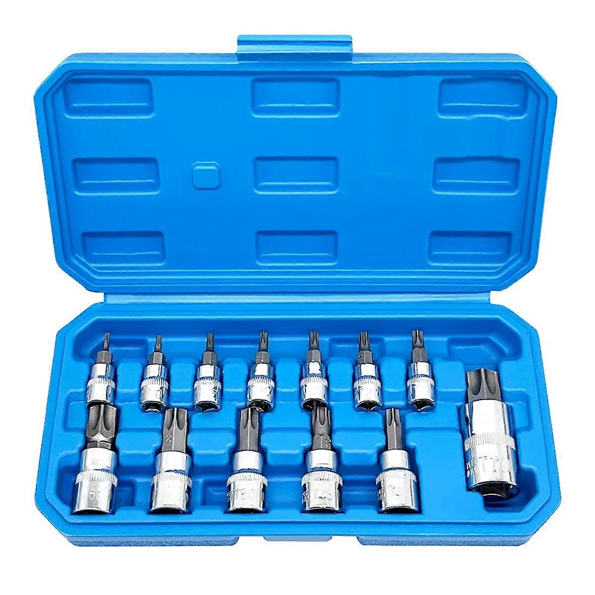 13Pcs Star Torx Bit Socket Set T8-T70 H2-H14,CRV Sockets 1/4Inch,3/8Inch & 1/2Inch Drive for Hand Use Work