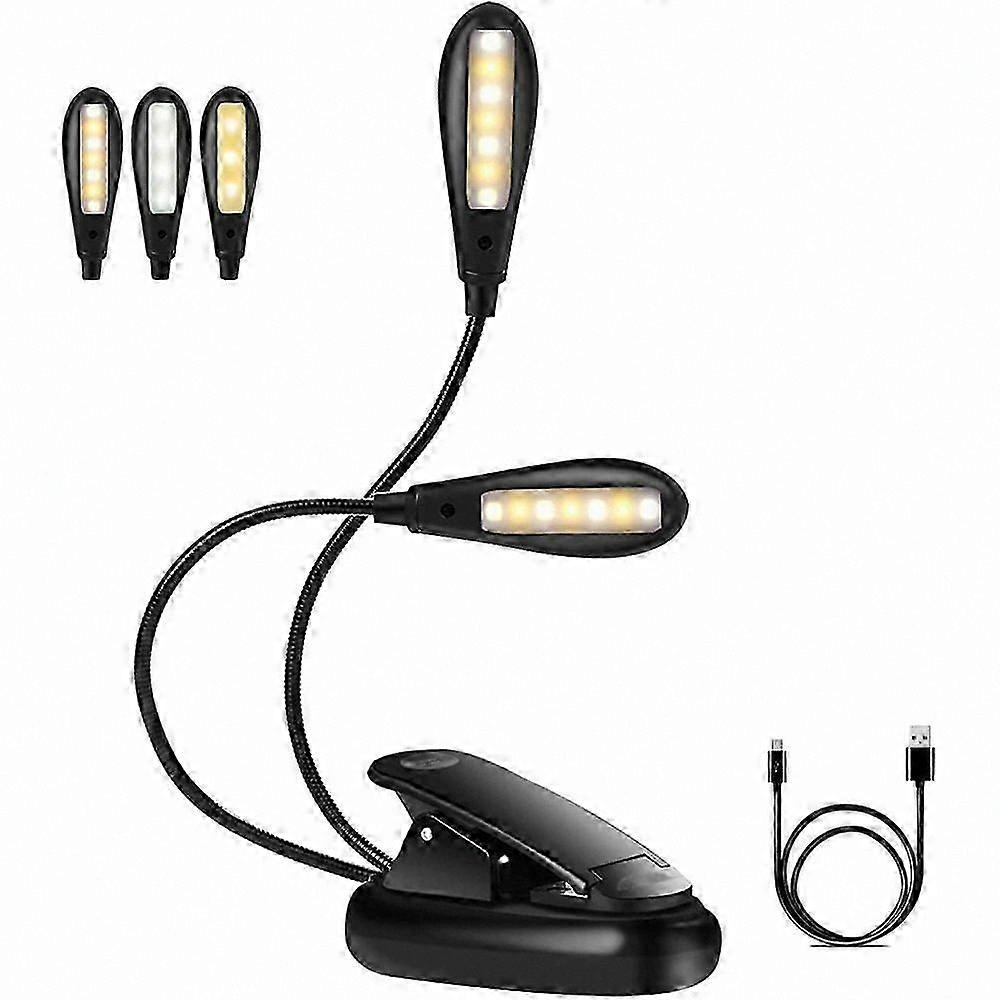 Book Light with Clip, USB Rechargeable LED Reading Lamp, 3 Color Modes, 3 Brightness Levels, Dual Head, 360 Flexible Music Stand Light for Night Readi