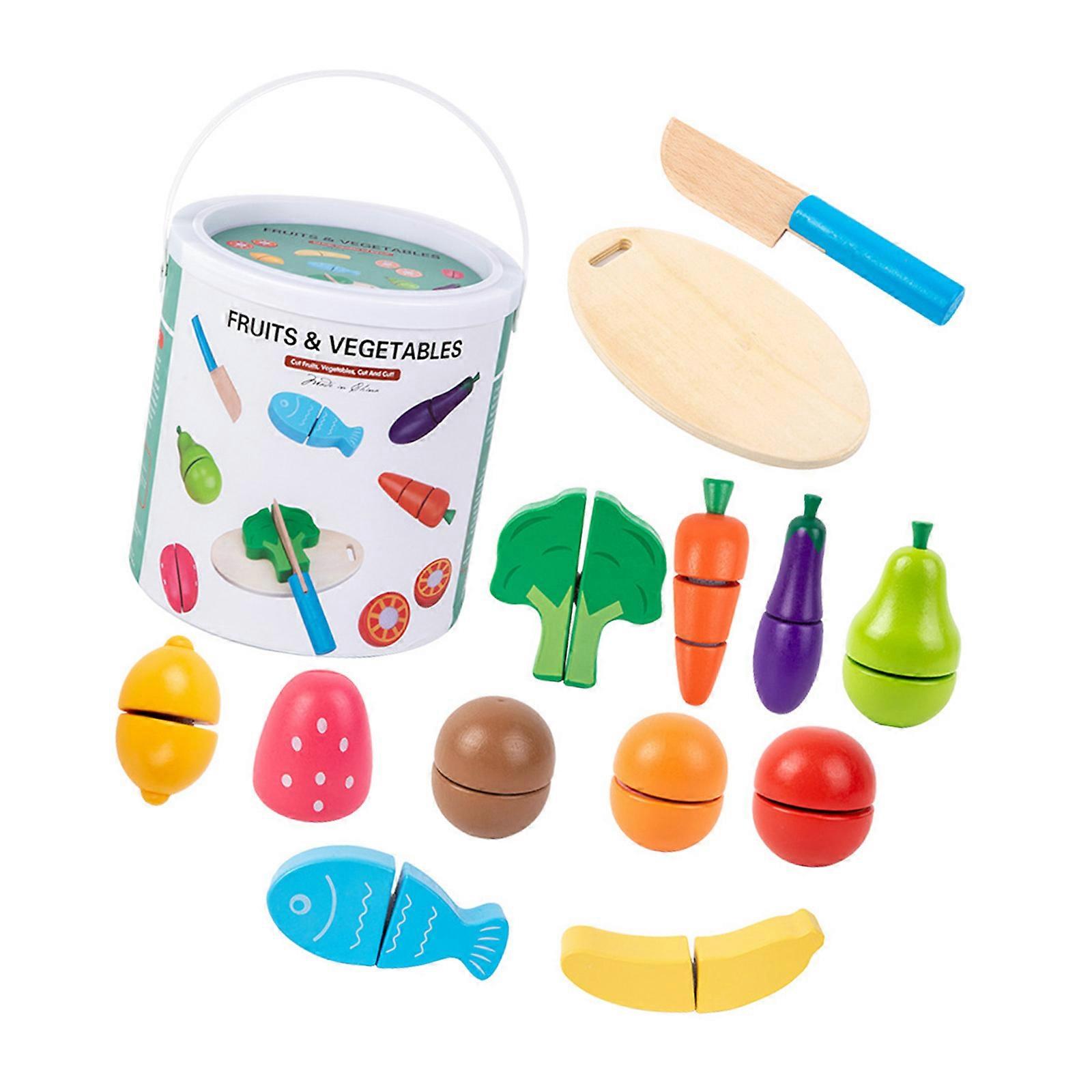 Realistic Wooden Fruit Veggie Pretend Cutting Playset For Cognitive Development Multicolor