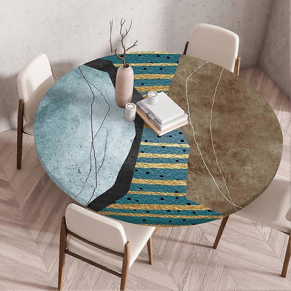 Round Table Cloth Blue Brown Pattern Circle, Wipeable Polyester, 140 Cm, Dining Room Kitchen Tea Table Outdoor