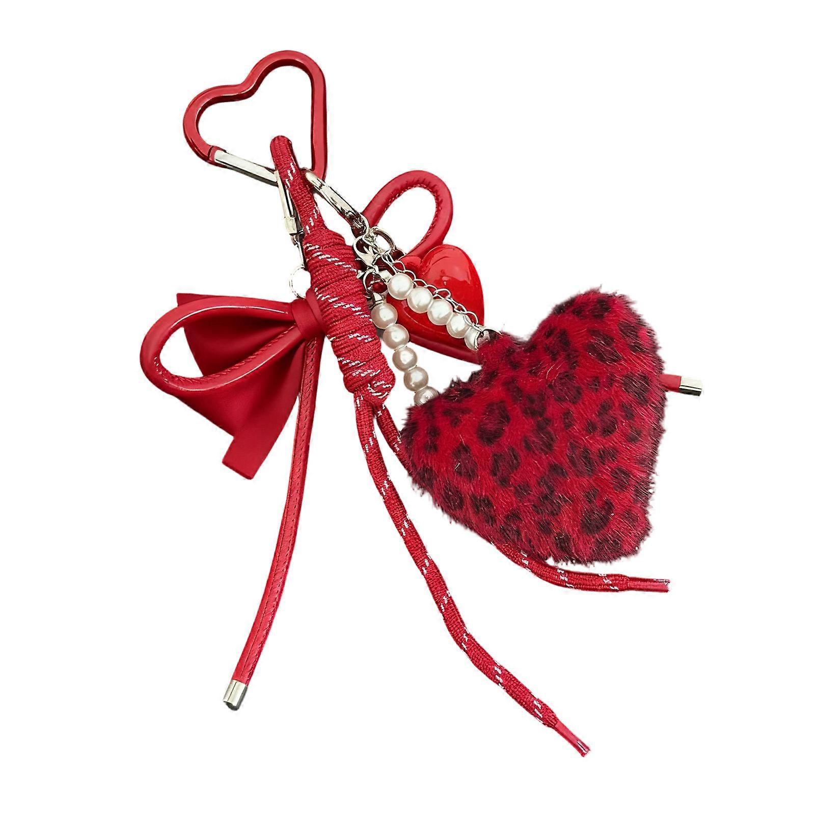 Leopard Texture Plush Keychain Pendant Featuring Artificial Leather Ball and Braided Cord  Red