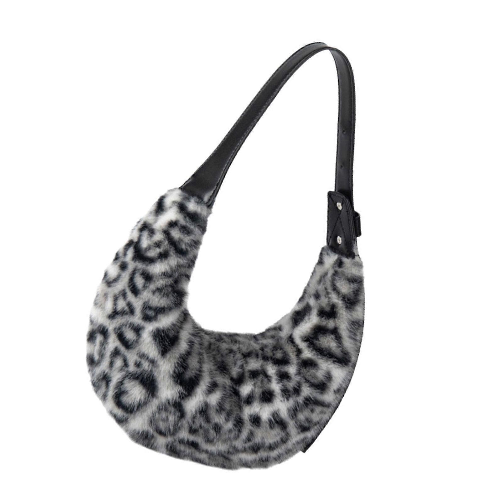 Women's Plush Handbag with Leopard Designs Trendy Shouder Bag Casual Underarm Bags for Adding Style to Any Outfit  Gray