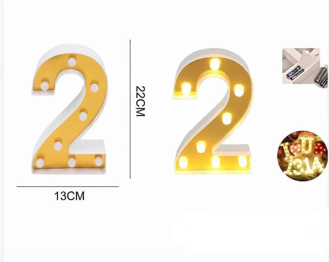 LED Light Up Number 2 Sign with Gold-Plated Finish, 22CM Glow for Event and Address Decor