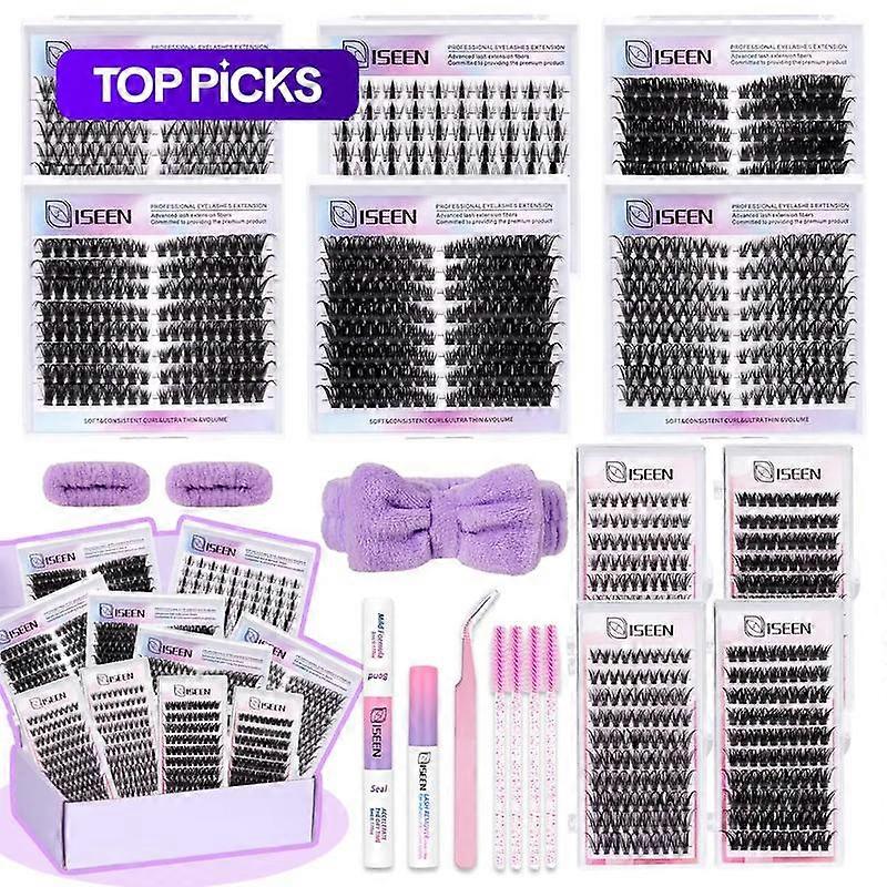 Eyelash Cluster Kit, Dense Long Curl Lashes DIY Extension Set, Multiple Lengths, Includes Bond&Seal &Remove&Eyelash Tweezers &Brush D Curl