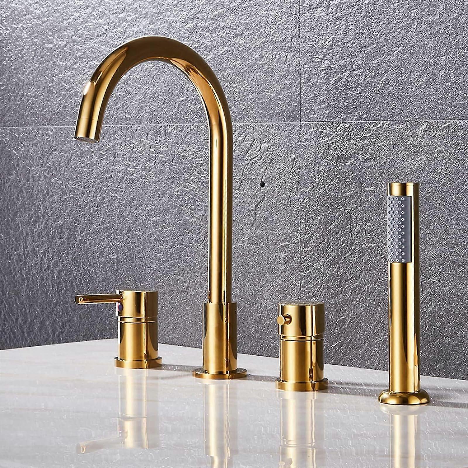 Gold Bathtub Shower Mixer Tap Set with 360° Swivel Spout and Tangle Hose for Modern Bathrooms