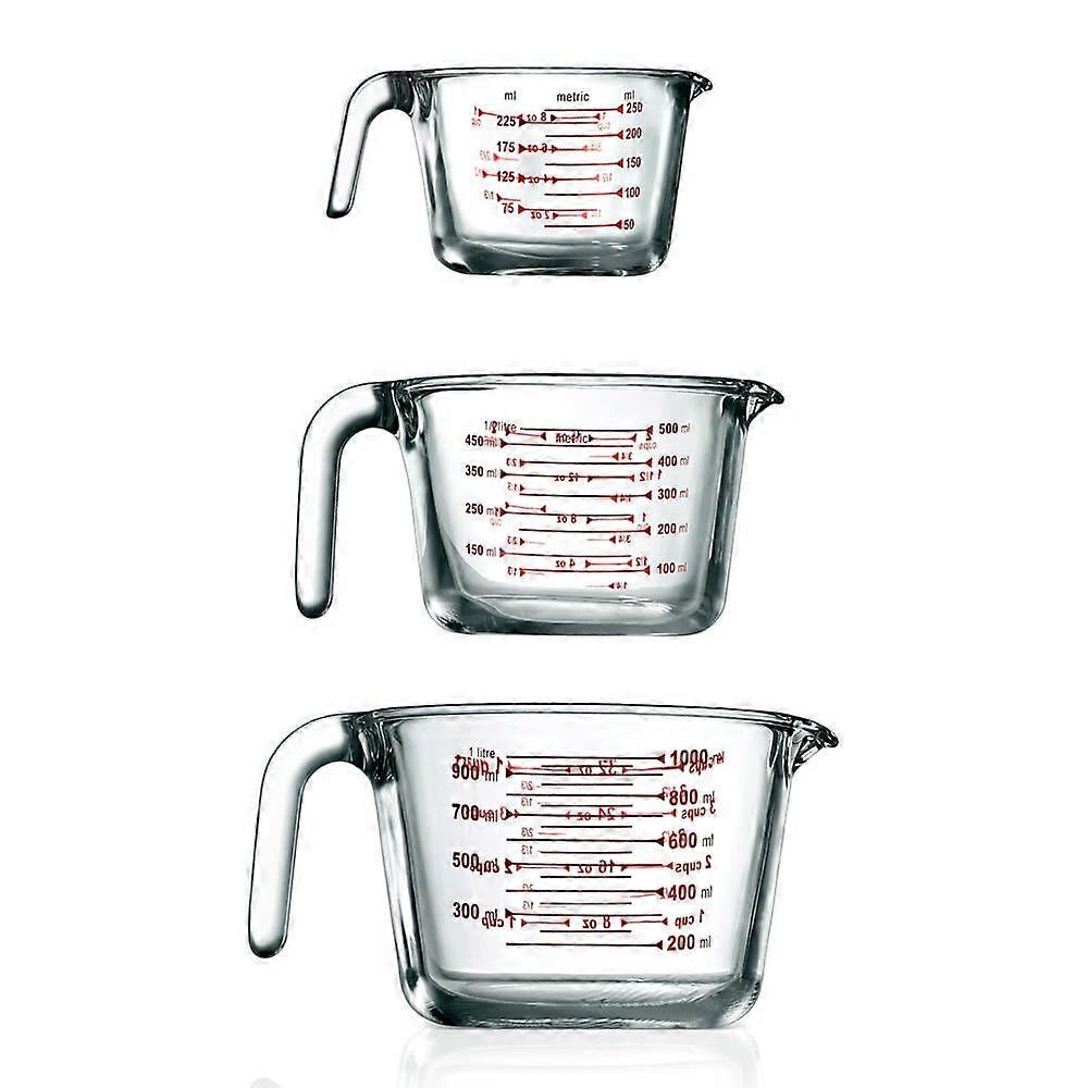 NutriChef 3 Pieces Heat Resistant Borosilicate Glass Measuring Cups W/ Handle, 250ml 500ml & 1000ml