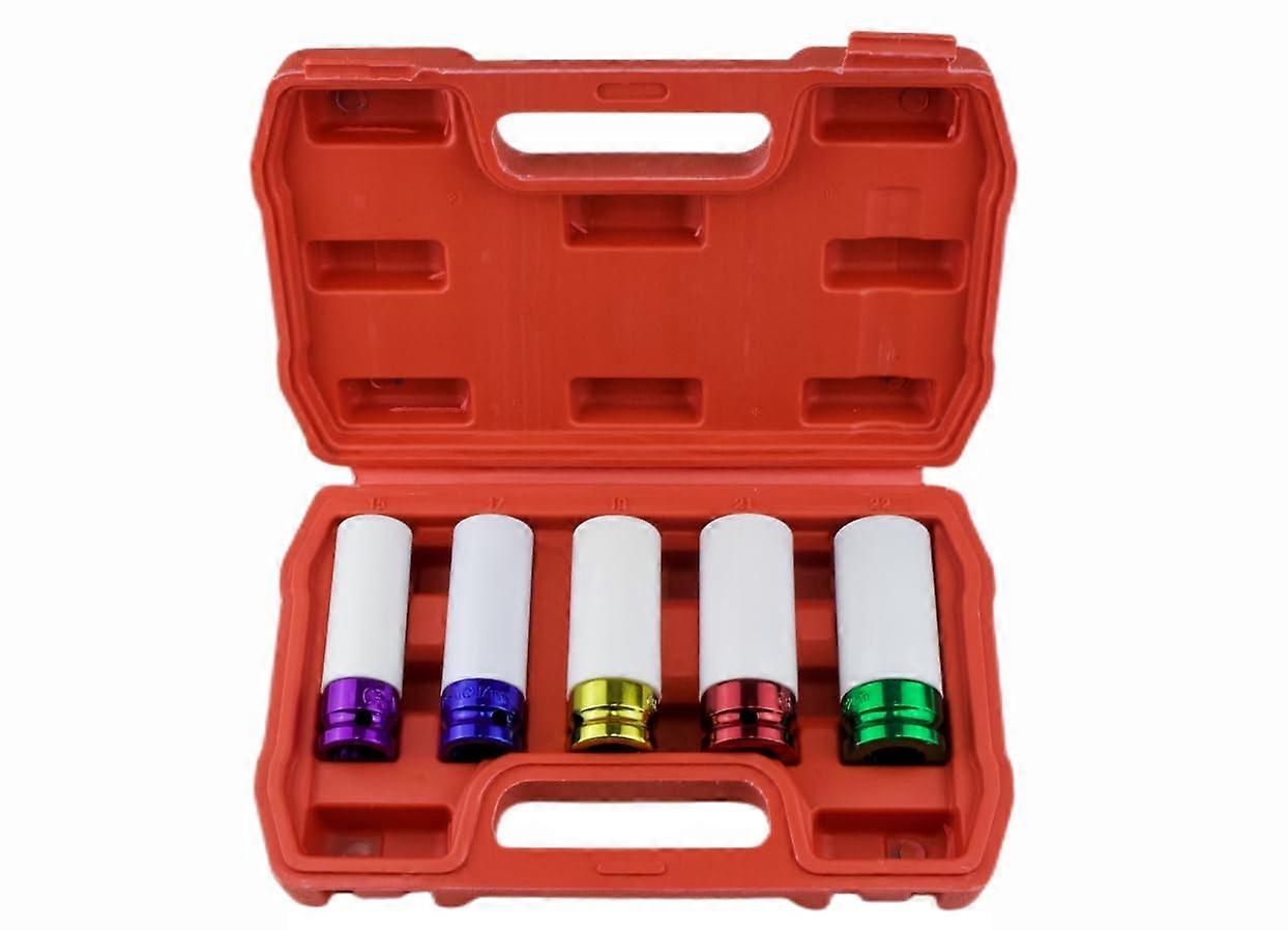 5Piece 1/2 Inch Deep Impact Socket Set for Lug Nuts, Wheel Protector, Chrome Vanadium, 1522mm