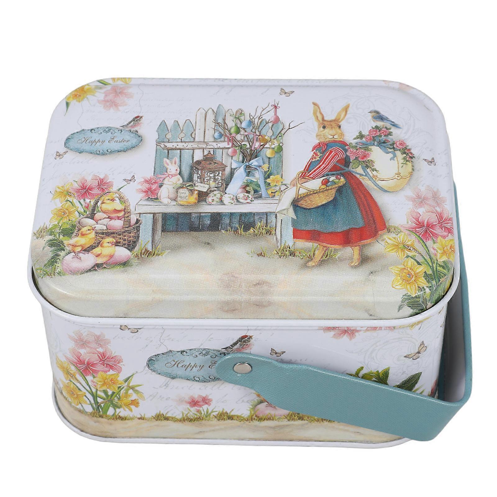 Easter Candy Container Cookie Jar Tinplate Box Easter Party Supplies Rectangular Sky-Blue 1Set Storage