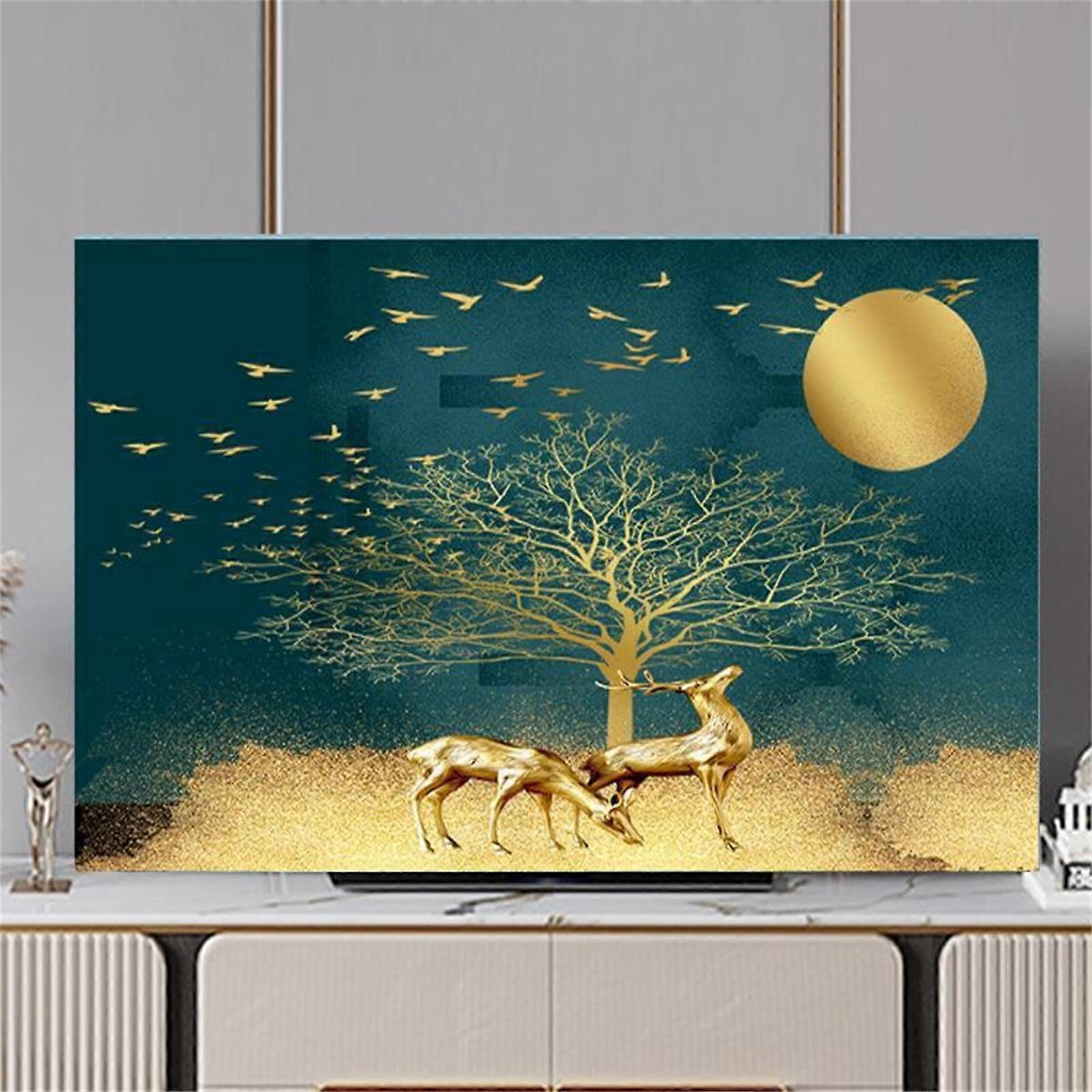 TV Dust Cover 32 Inch Golden Elk Pattern, Breathable Decorative Flat Screen Protector