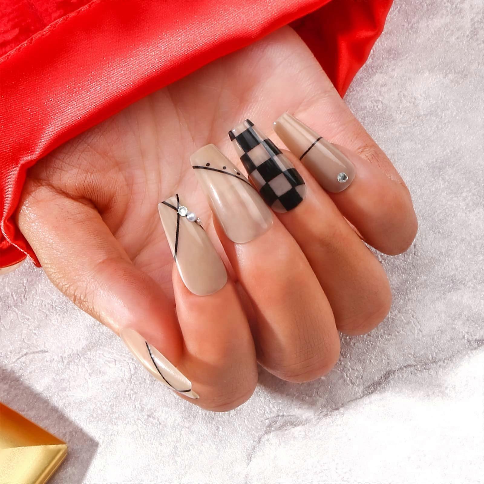 Medium Coffin Press On Nails Chessboard Pattern Acrylic False Nails Valentines DIY Kit 24PCS