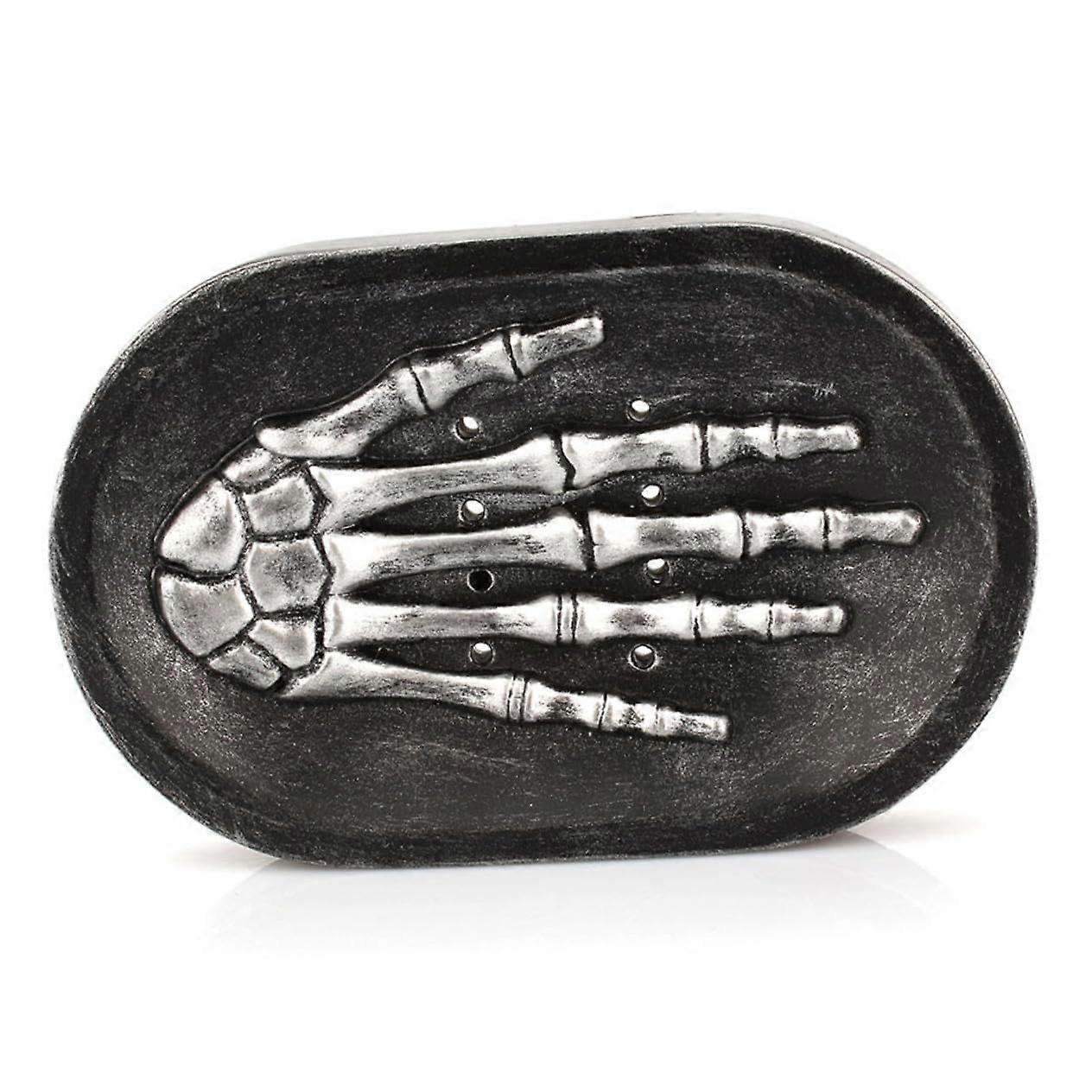 Gothic Skull Soap Dish with Skeleton Hand, SelfDraining Bathroom Soap Holder, Black Durable Tray