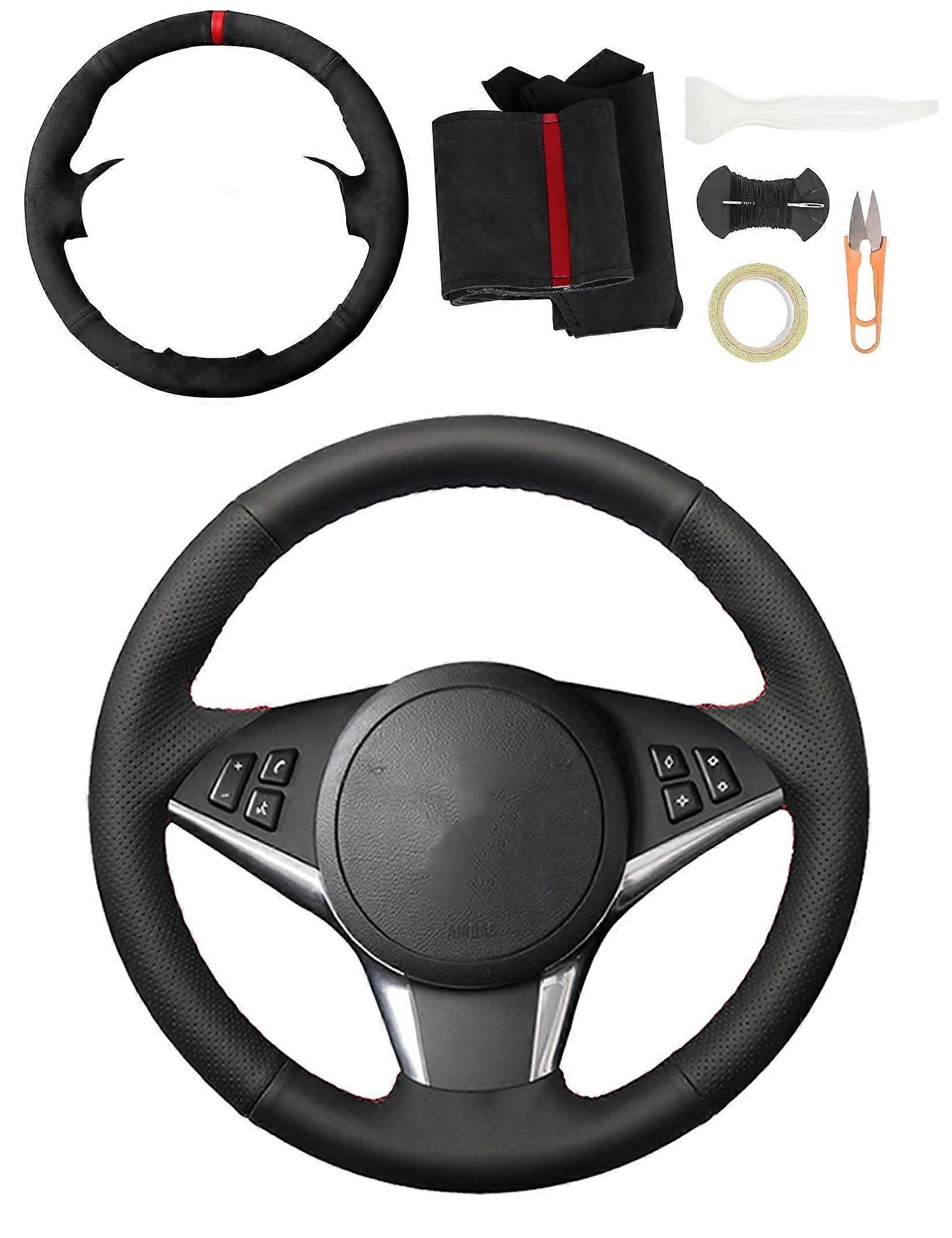 Steering Wheel Cover Leather Suede Wrap for BMW E60 E61 E63 E64 M5 M6 Black with Red Mark